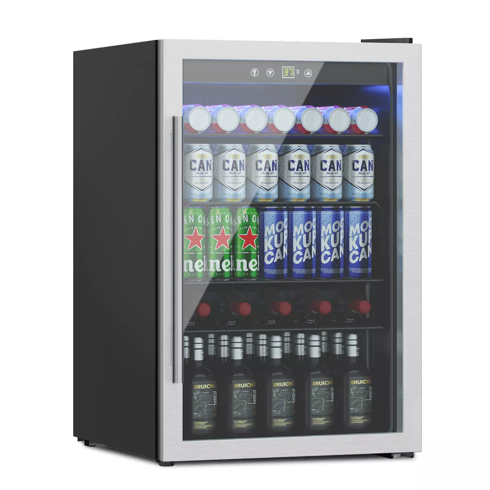 Erivess 4.5 Cubic Feet Mini Fridge. 60 Can Freestanding Beverage Refrigerator with Glass Front Door for Soda. Beer Under Counter Drink Dispenser with Adjustable Shelves and Digital Display