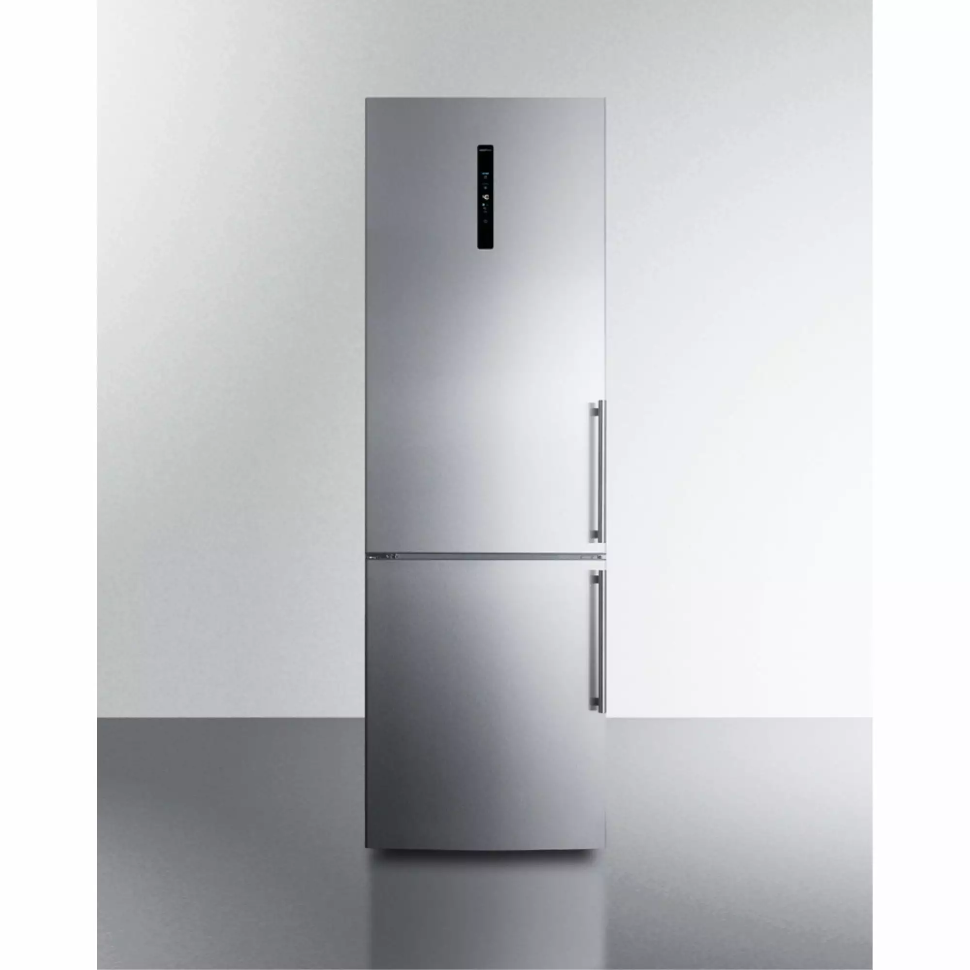 European counter depth bottom freezer refrigerator with stainless steel doors. platinum cabinet. factory installed icemaker. and digital controls for each section