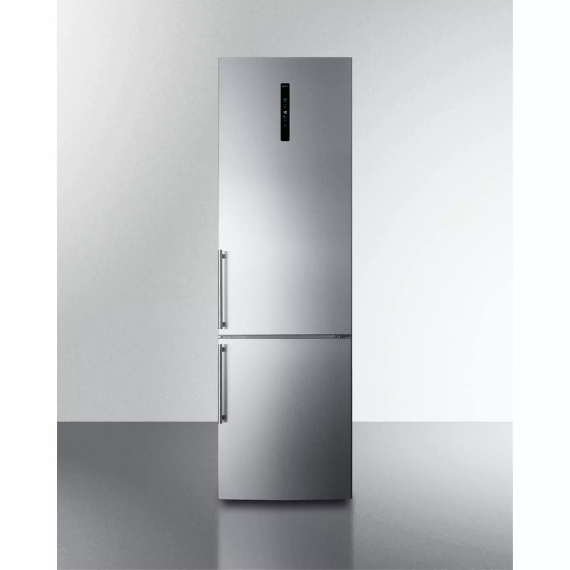 European counter depth bottom freezer refrigerator with icemaker. stainless steel doors. platinum cabinet. and digital controls for each section