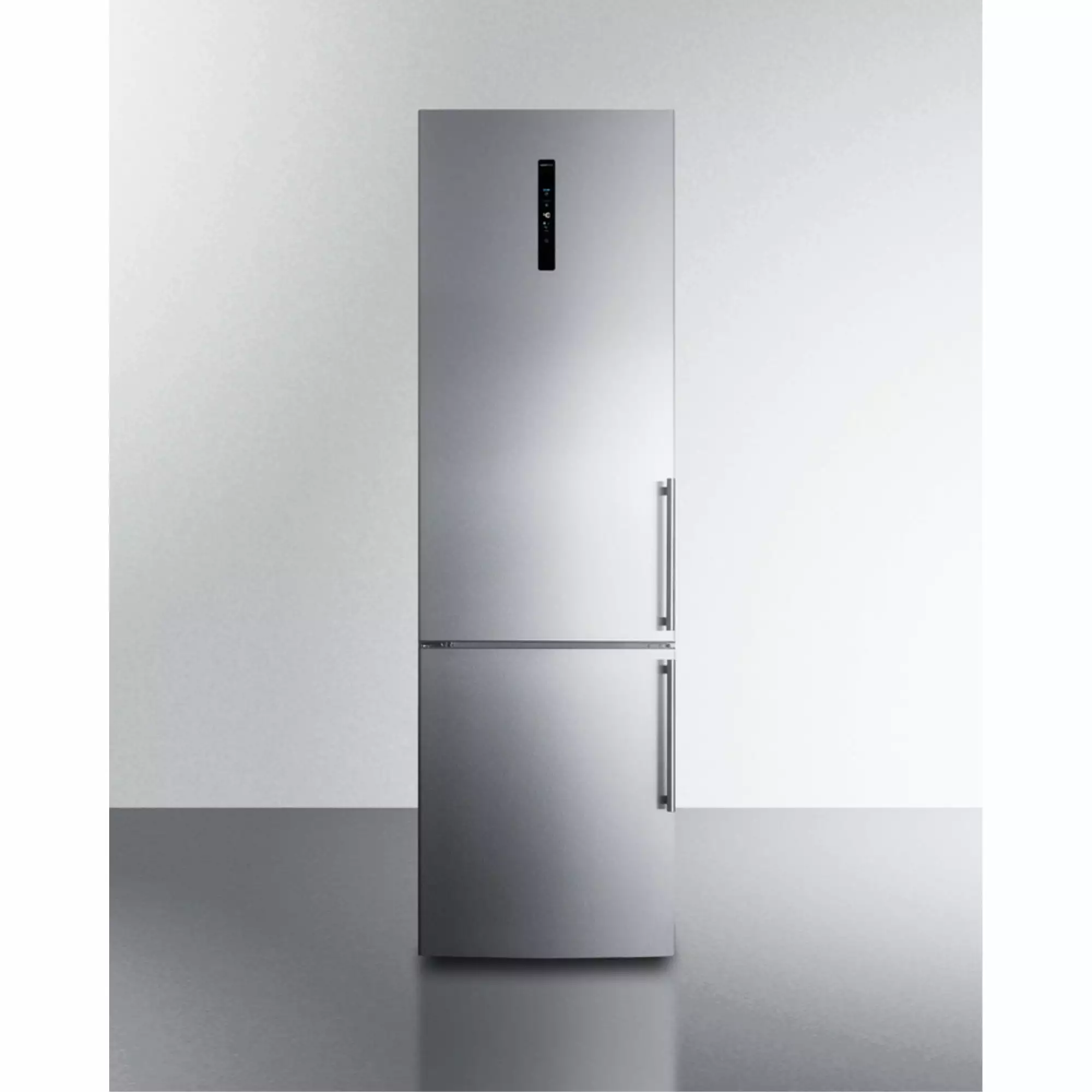 European counter depth bottom freezer refrigerator with icemaker. stainless steel doors. platinum cabinet. and digital controls for each section