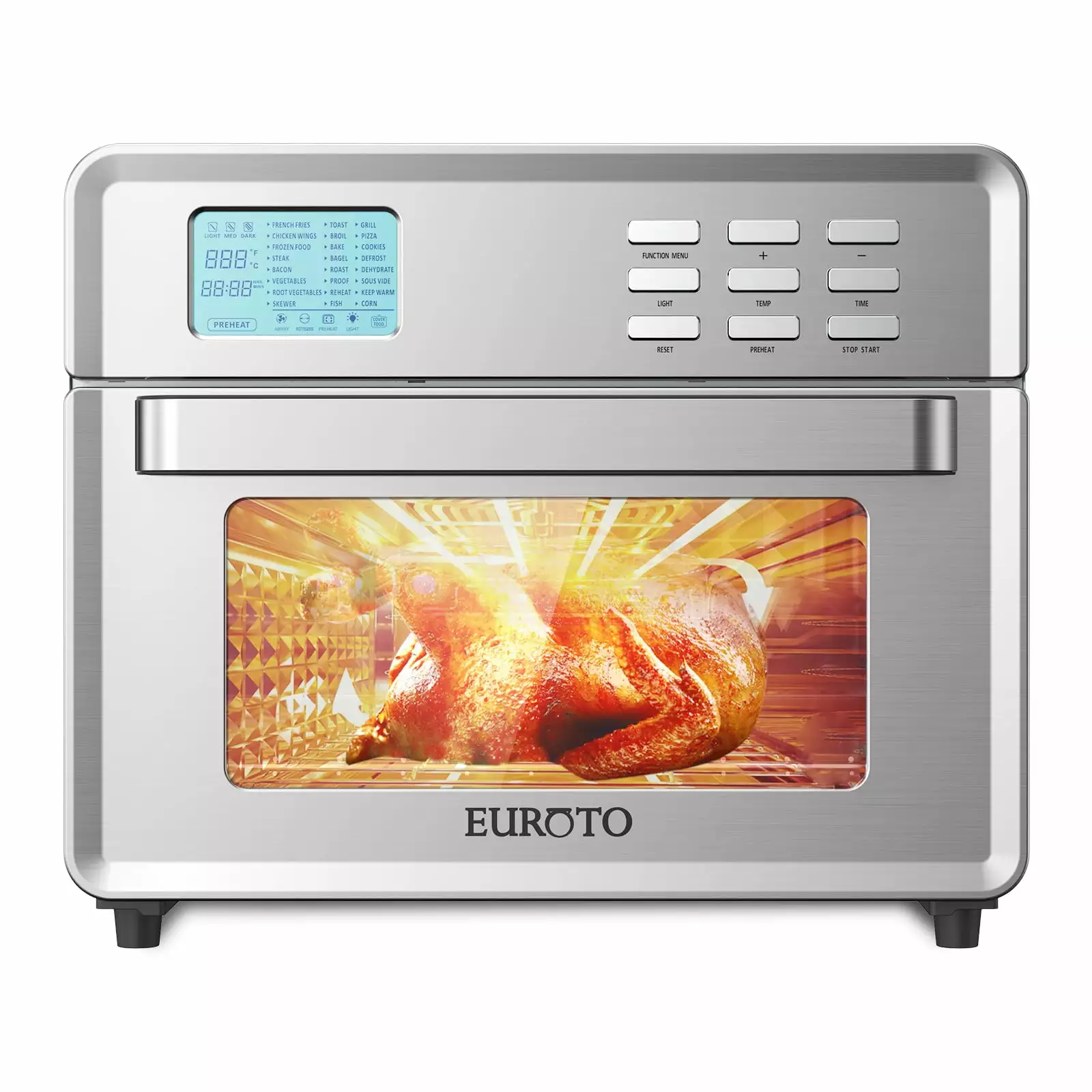 Euroto Air Fry Oven. 26.8 Quart 24 in 1 Function 360 Air Circulation. Bake. Broil. Toast. Air Fry. Air Roast. Digital Toaster. True Surround Convection. Includes Recipe Book. 1800 Watts. Steel Finish