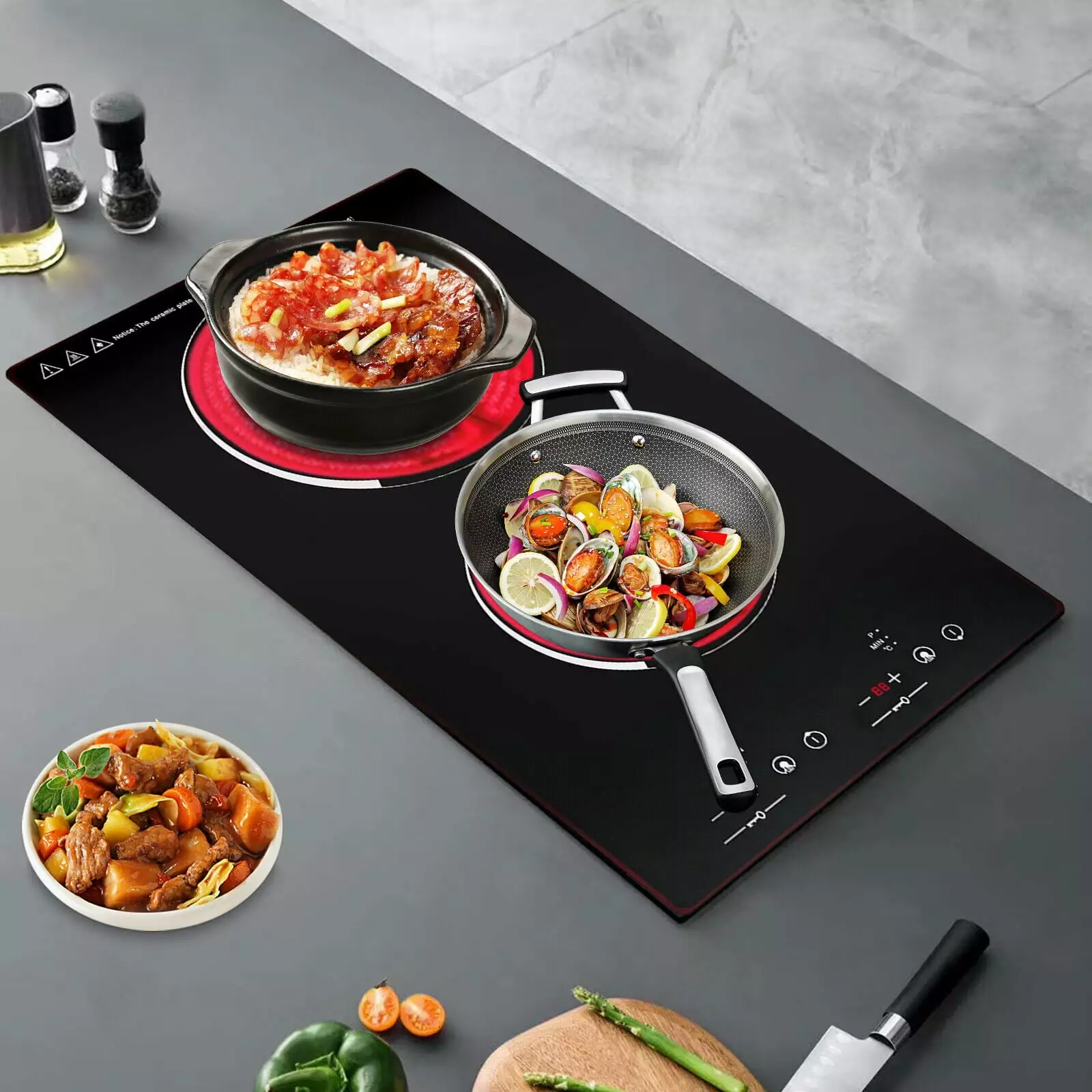 Fichiouy 2 Burner Electric Cooktop with 900W+600W 9 Power Levels Child Lock Timer Residual Heat Indicator Bulit-in&Countertop