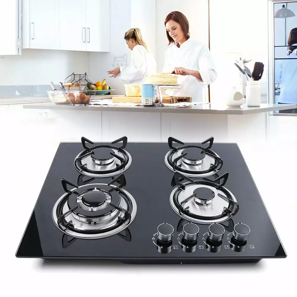 Fichiouy 23 Gas Cooktop 4 Burners Built-in Stove LPG/NG Gas Top Stove Tempered Glass for Kitchen