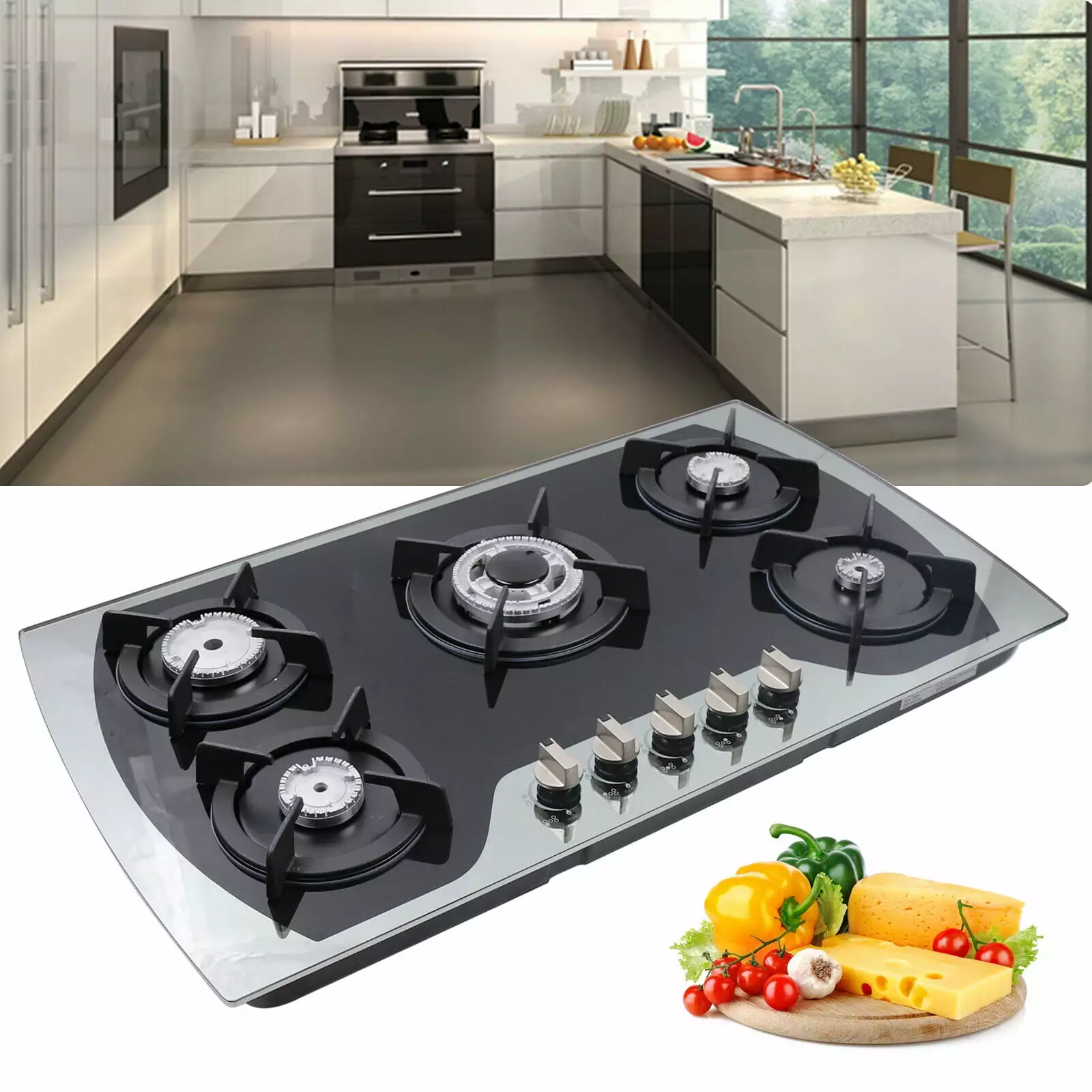 Fichiouy 35.4 Lpg/Ng Gas Cooker 5 Burners Built-In Stove Top Tempered Glass Gas Cooktop Home Kitchen