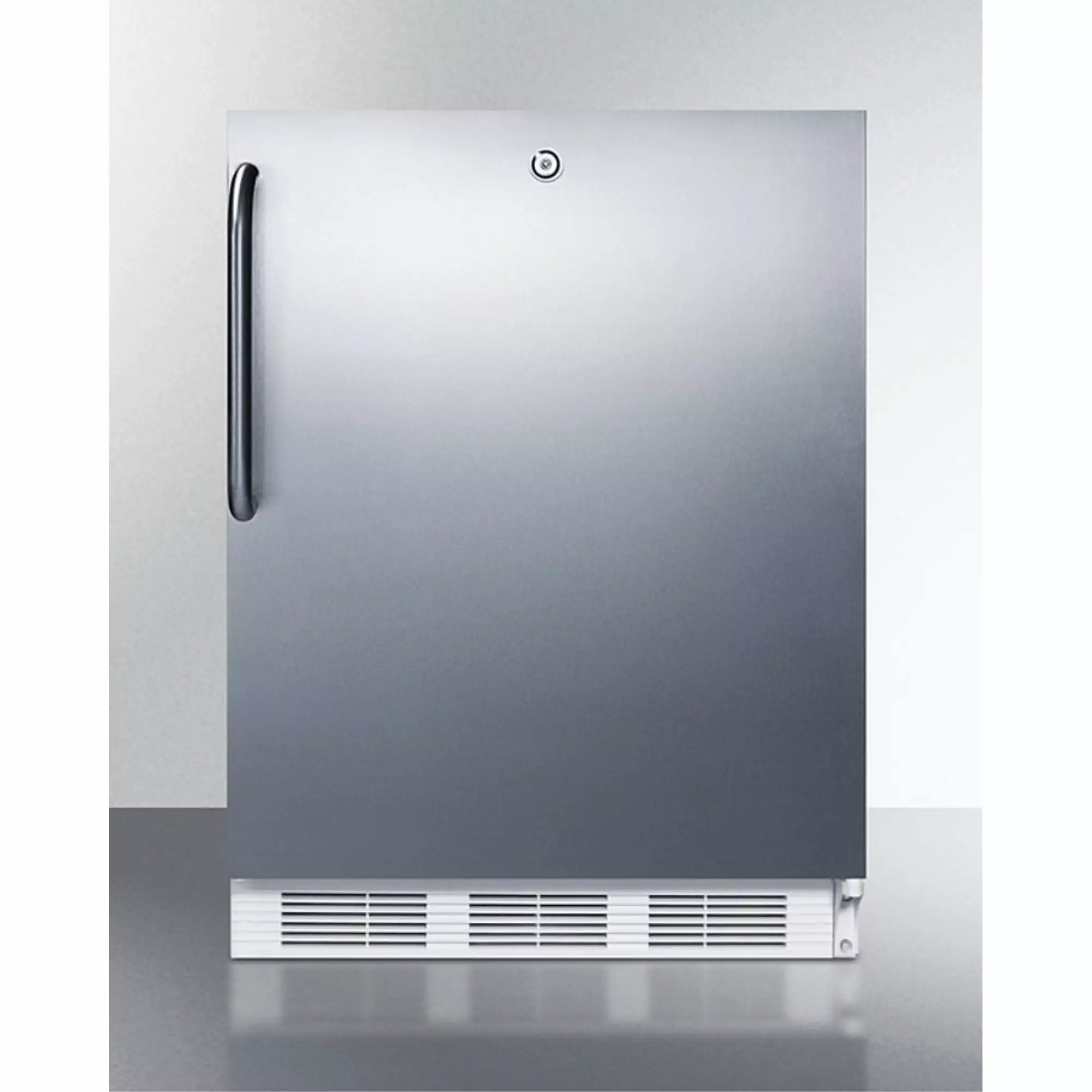 Freestanding ADA compliant refrigerator-freezer for general purpose use. w/dual evaporator cooling. cycle defrost. lock. SS door. TB handle. and white cabinet