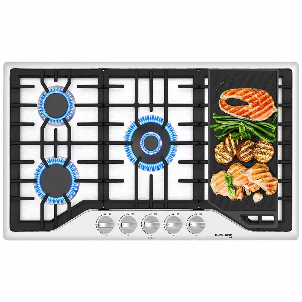 GASLAND Chef 36 5 Burner Gas Cooktop with Reversible Cast Iron Grill/Griddle. NG/LPG Convertible