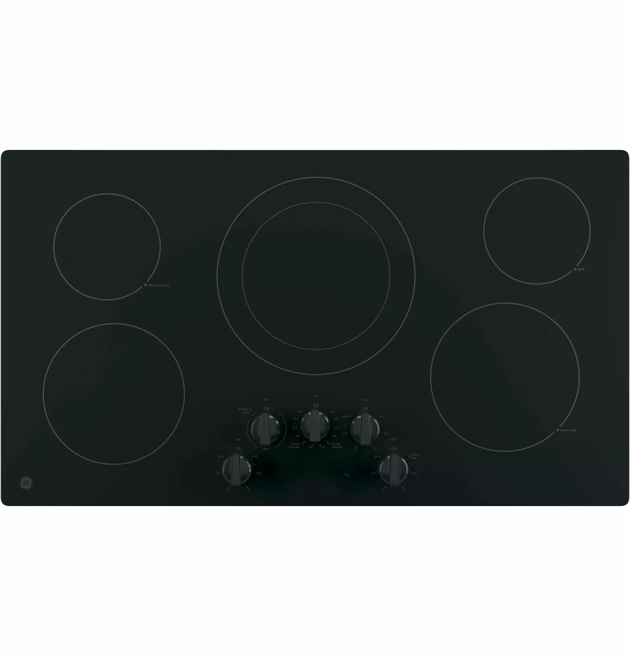 GE? 36 Built-In Knob Control Elec Cooktop 5 radiant elements. Power Boil Dual-Ring model JP3036DLBB