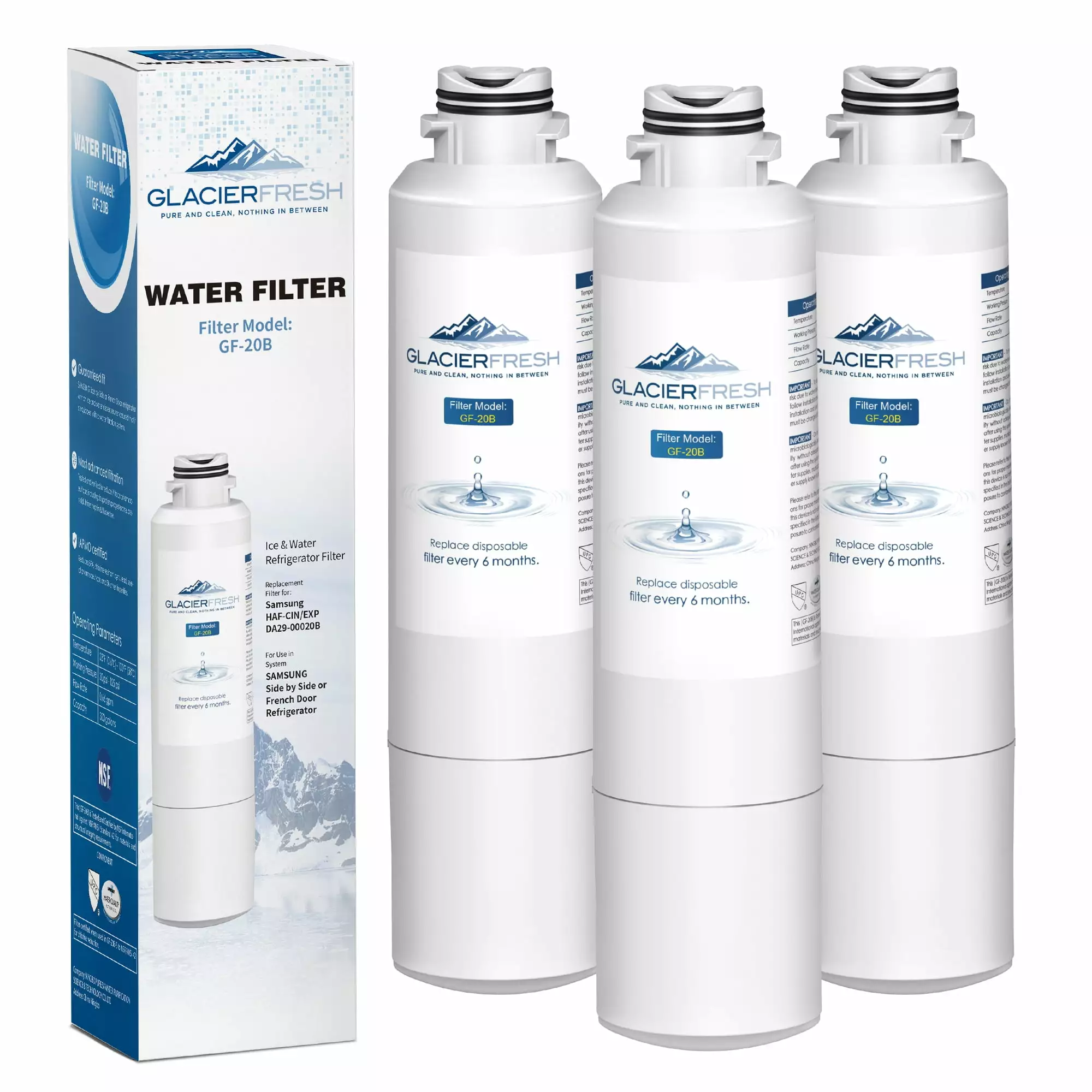 GLACIER FRESH Replacement Water Filter for DA29-00020B. HAF-Cin/Exp. RF4267HARS. 3 Pack