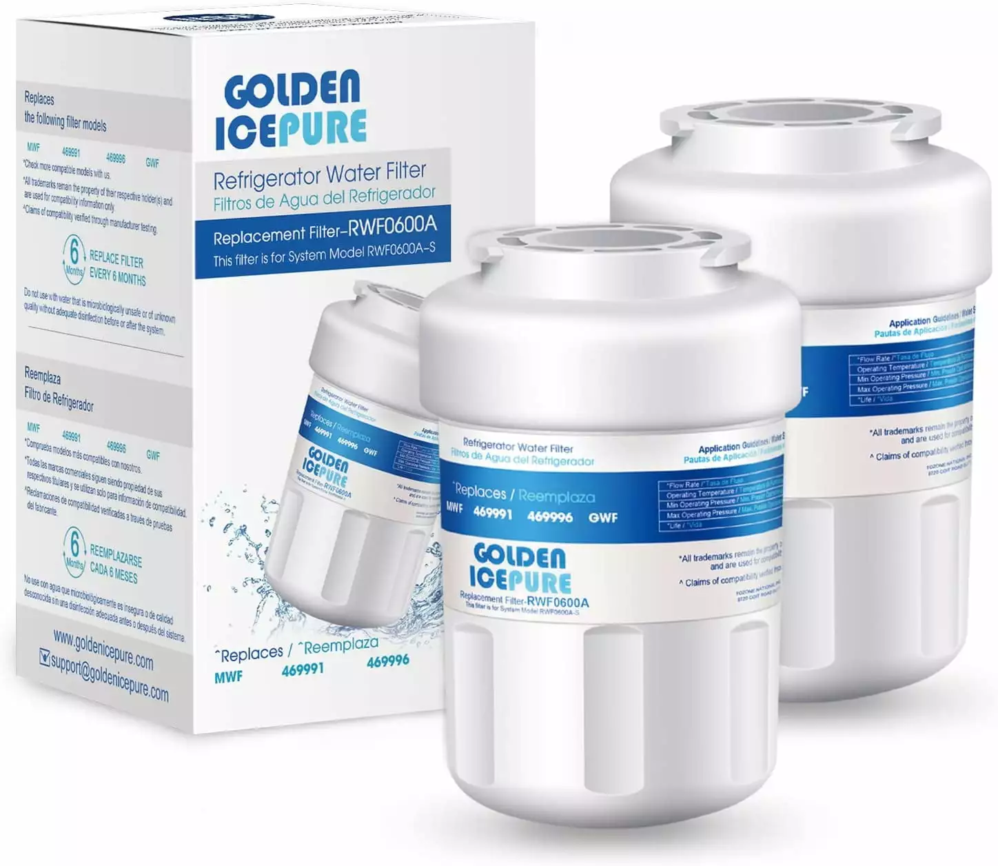 GOLDEN ICEPURE MWF Refrigerator Water Filter Replacement for GE SmartWater MWFA. 2PACK. GWF. GWFA. RWF0600A. FMG-1. WFC1201. GSE25GSHECSS. PC75009. 197D6321P006. Kenmore 9991. PC83879.2PACK