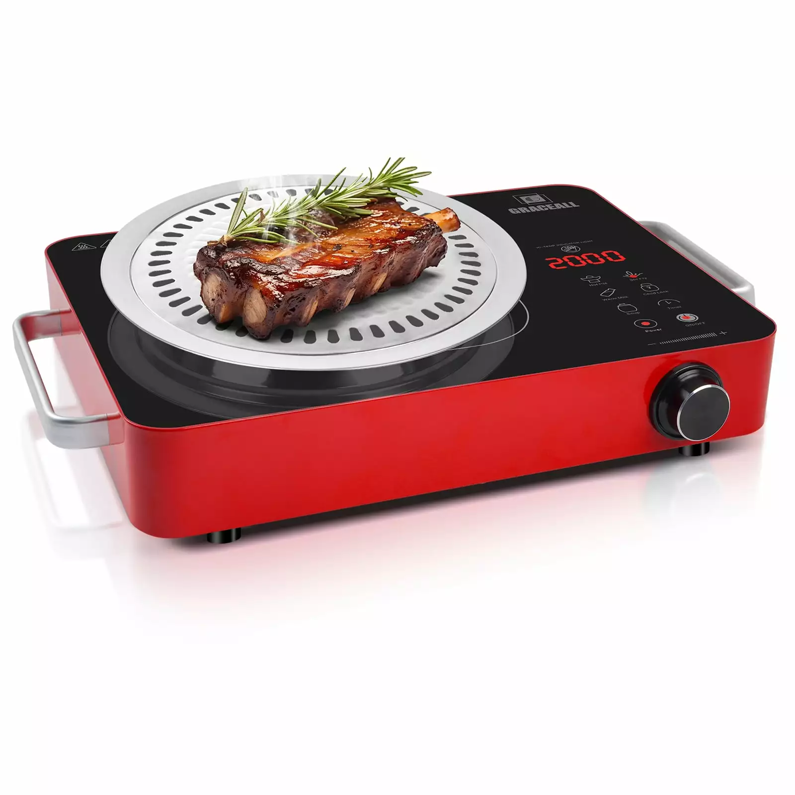 GRACEALL 2000W Electric Cooktop Portable Infrared Stove. Countertop Hot Plate for Cooking. Single Burner Cook Top. Kitchen Knob Control Stove. Unibody Design with BBQ Plate