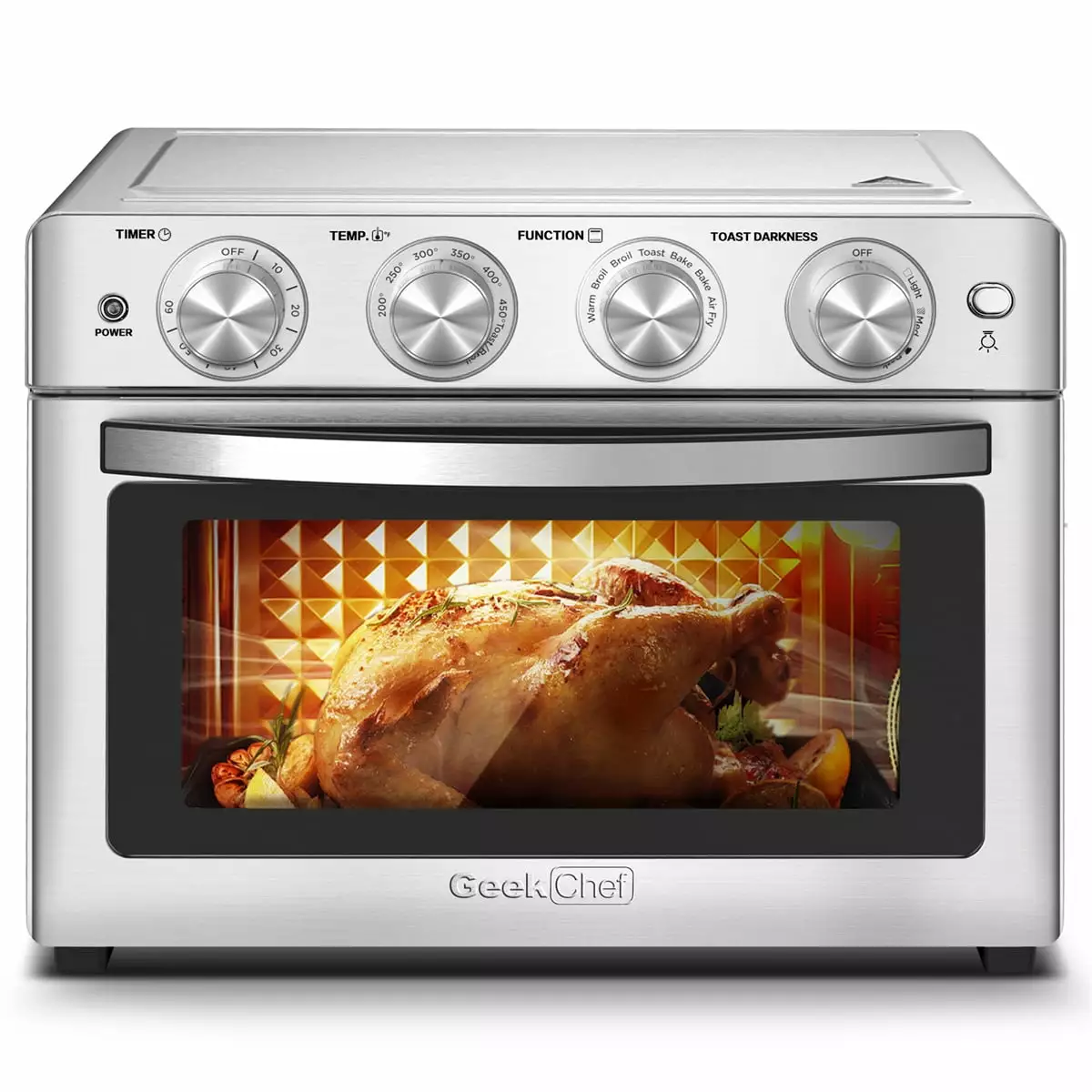 Geek Chef Air Fryer 26QT. 6 Slice Air Fryer Fry Oil-Free. Large Toaster Oven Combo. Air Fryer Oven. Roast. Bake. Broil. Reheat. Convection Countertop Oven. Accessories Included. Stainless Steel