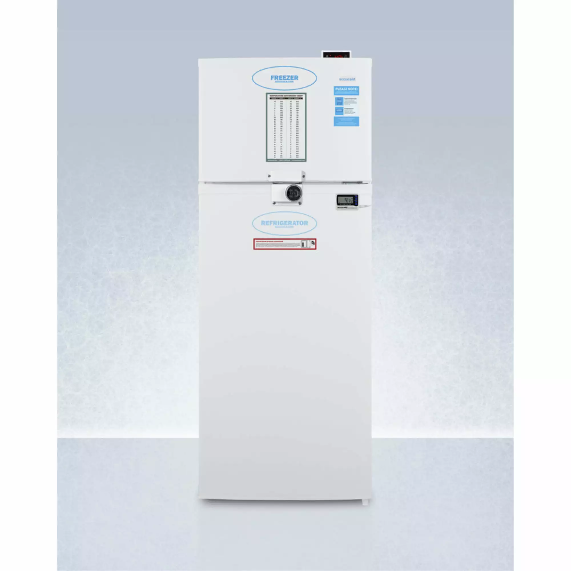 General purpose refrigerator-freezer with front lock. digital controls. internal fan. NIST calibrated alarm/thermometer. and 2-8C refrigerator section