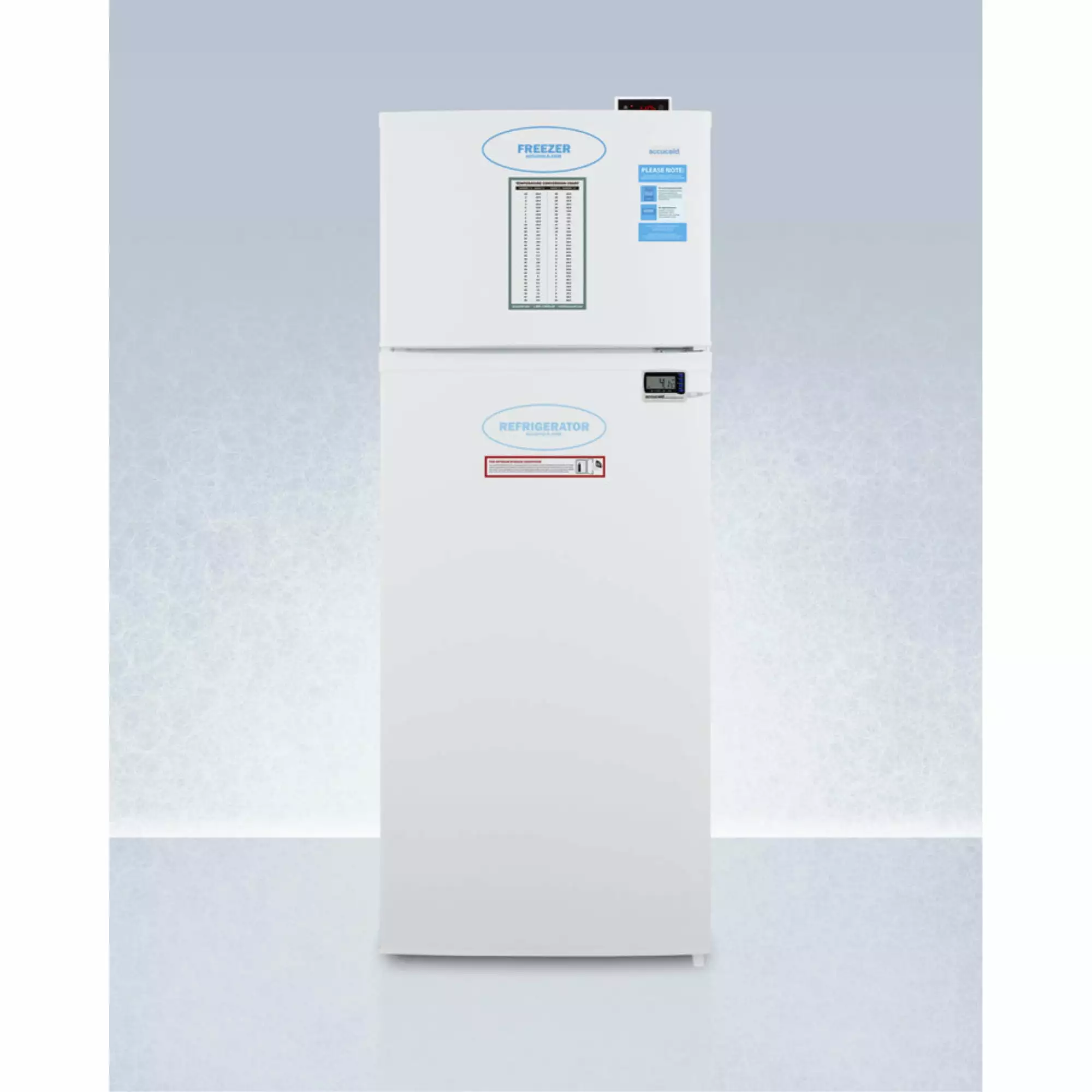 General purpose refrigerator-freezer with digital controls. internal fan. alarm/thermometer. and 2-8C refrigerator section