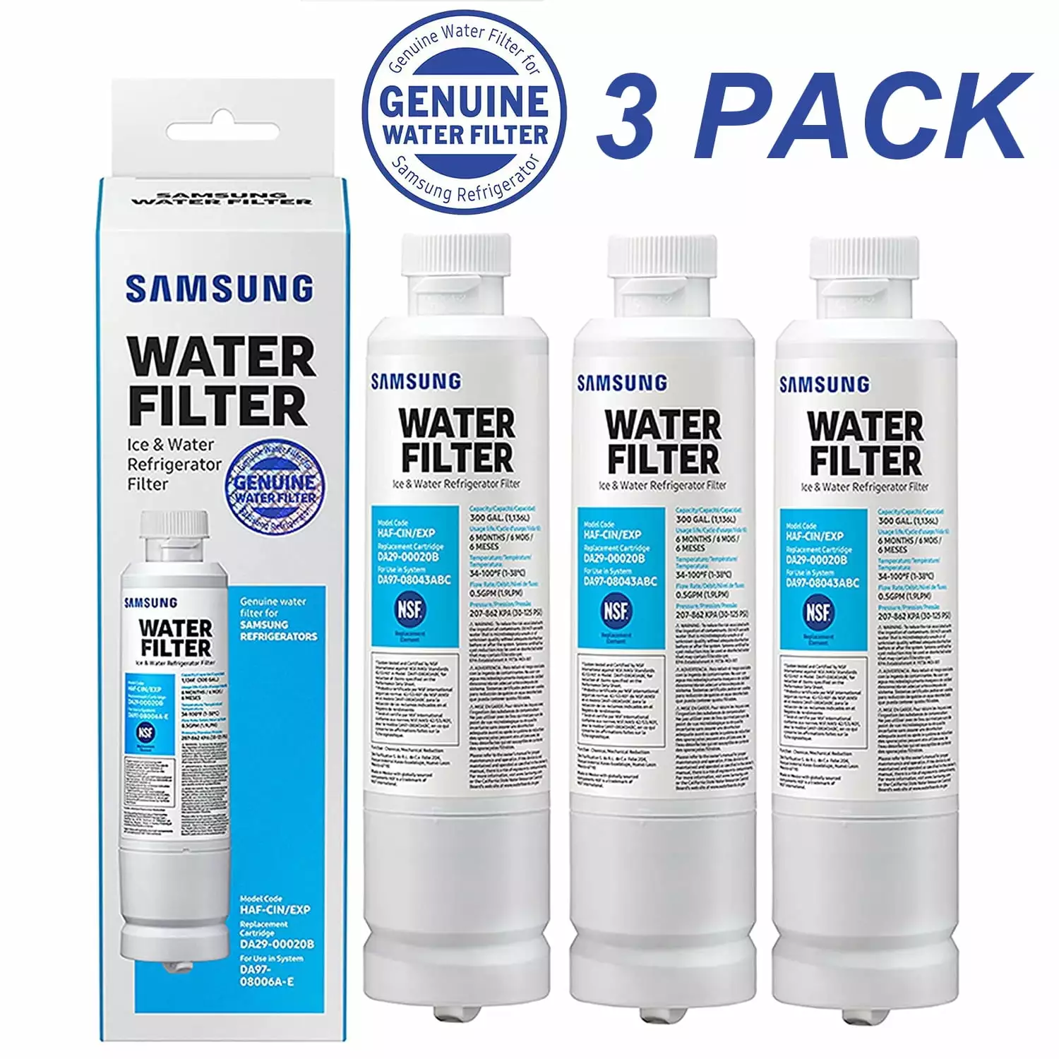 Genuine DA29-00020B HAF-CIN/EXP Refrigerator Water Filter Fit for Samsung Refrigerator DA2900020B DA29-00020A DA2900020A FEAT4 Samsung DA29-00020B (3 Pack)