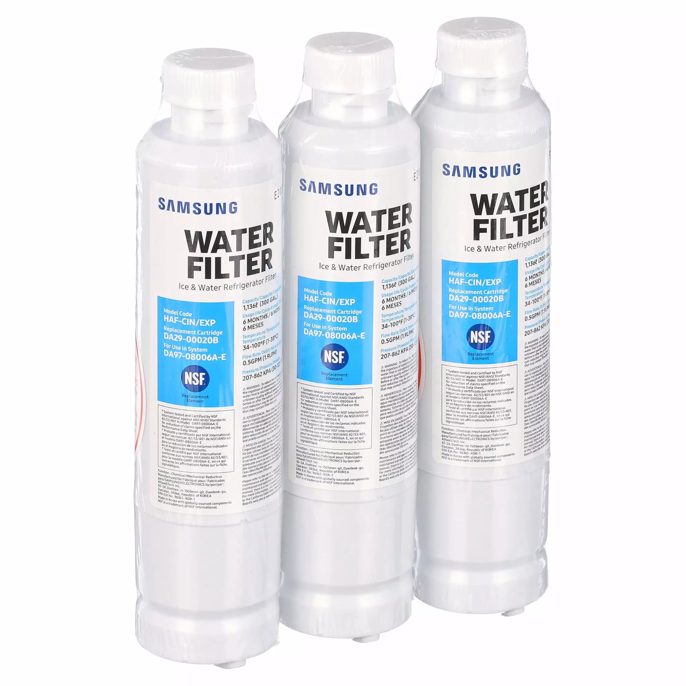 Genuine HAF-CIN Samsung Replacement Water Filter - 3 Pack. Blue and White