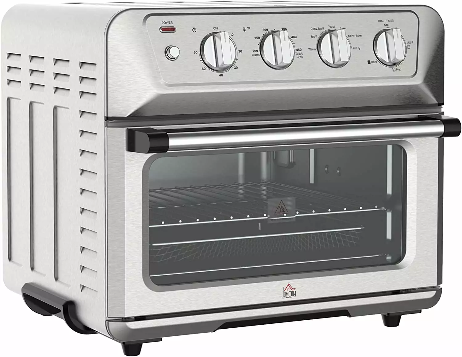 HOMCOM Air Fryer Toaster Oven. 21QT 7-In-1 Convection Oven Countertop. Warm. Broil. Toast. Bake and Air Fry. Accessories Included. 1800W. Stainless Steel Finish