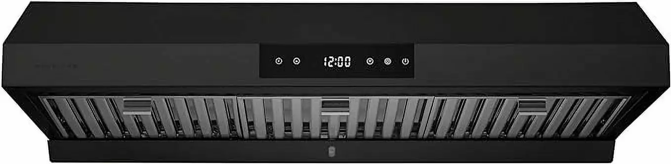 Hauslane | Chef Series | PS18 36 Under Cabinet Range Hood. Matte Black Contemporary Modern Design 860 CFM. Touch Screen w/Digital Clock. Dishwasher Safe Baffle Filters. LED Lamps. 3-Way Venting