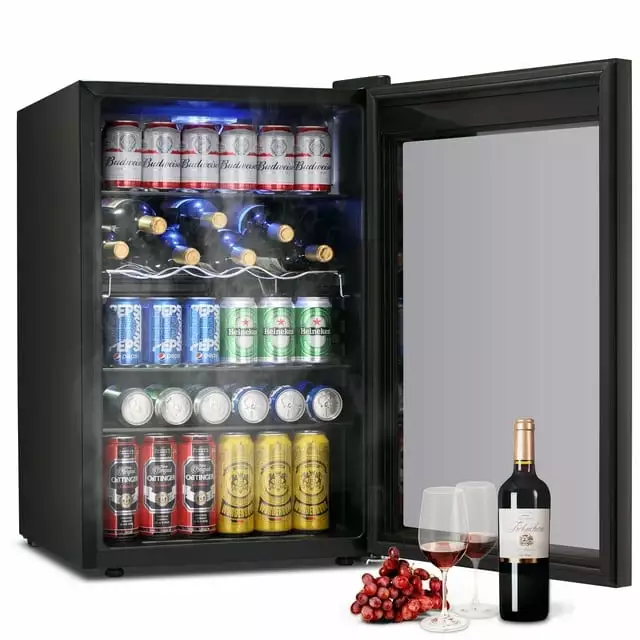 Havato 145 Cans of Beverage Refrigerator Cooler. 4.4 Cu.ft. Mini Refrigerator with Black Glass Door for Storing Soda. Beer or Wine. Bar/Office/Home. Black