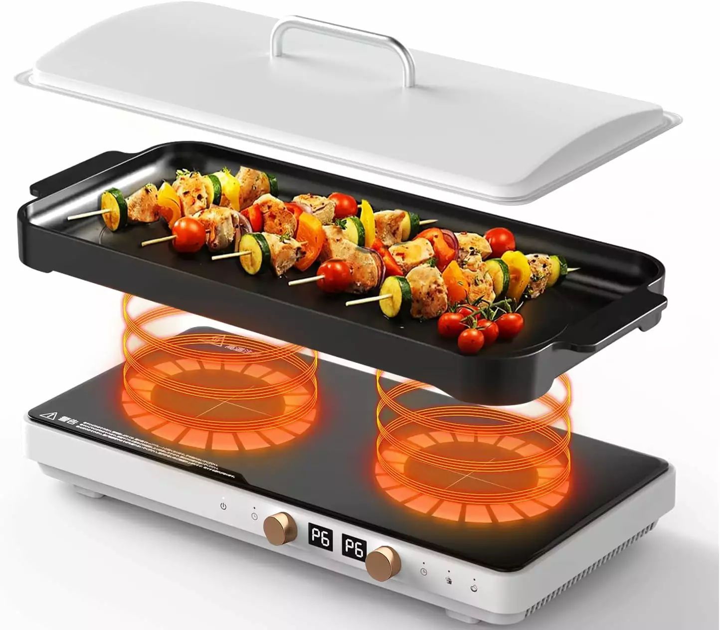 Induction Cooktop. 1800W 120V Electric Cooktop with Removable Griddle Pan. 8 Gears Heating. Independent Control. Timer. Great for Home Party BBQ