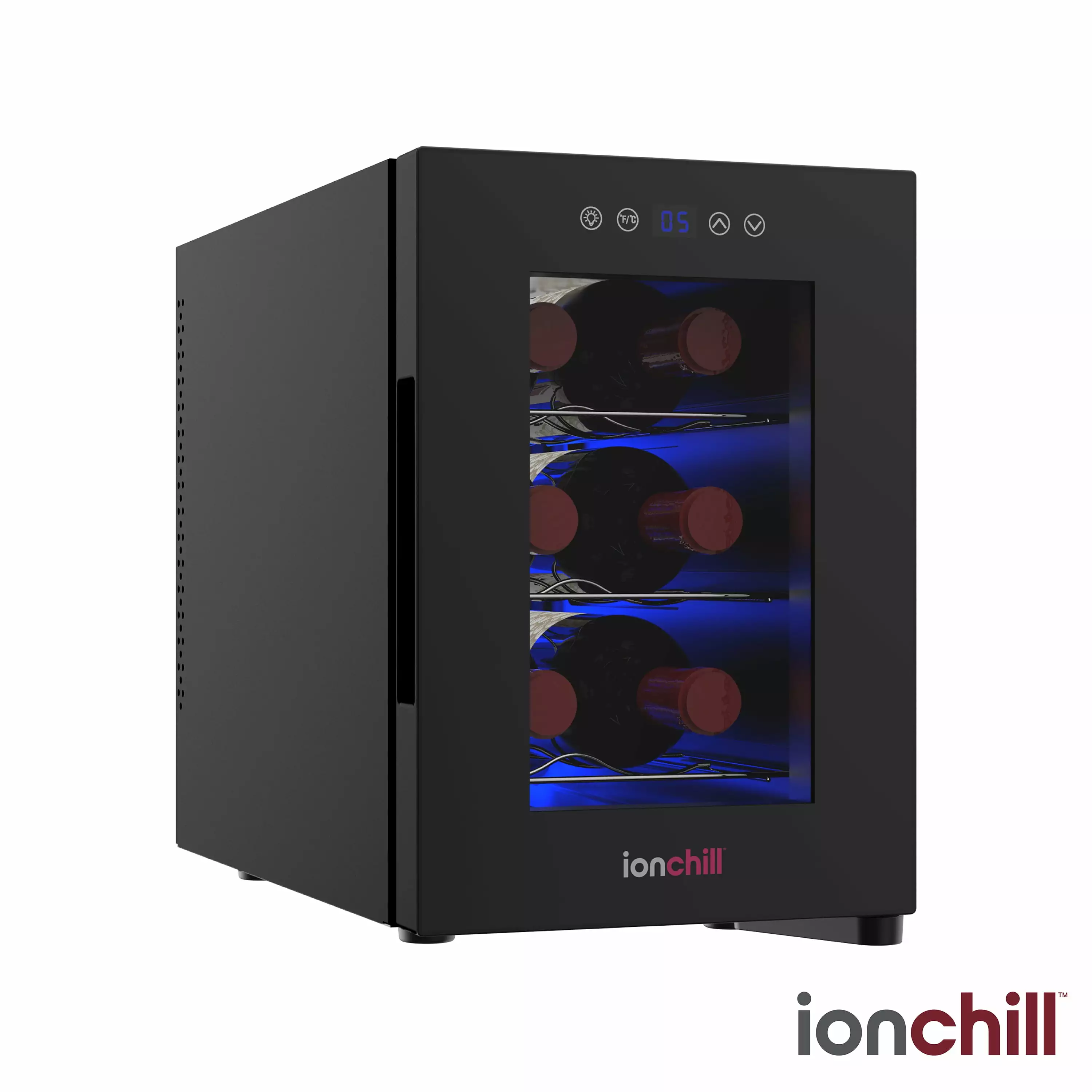 Ionchill 6-Bottle Wine Cooler. New Standard Door Mini Fridge with Wine Rack and Temp. Control. 9.75in