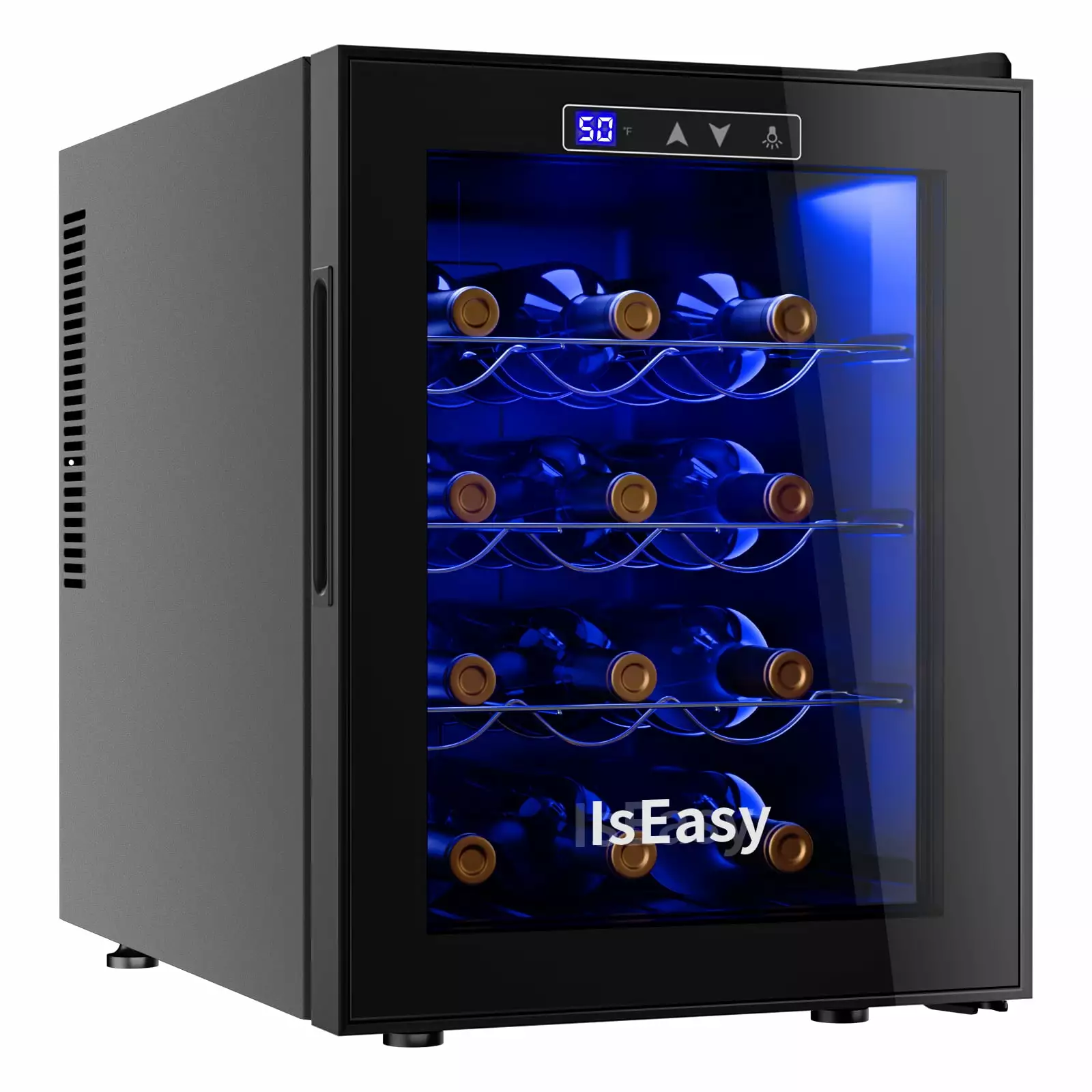 IsEasy 12 Bottle Compressor Wine Cooler Refrigerator. Mini Wine Refrigerator for Home Bar. with Digital Temperature Control and Lighting. Black