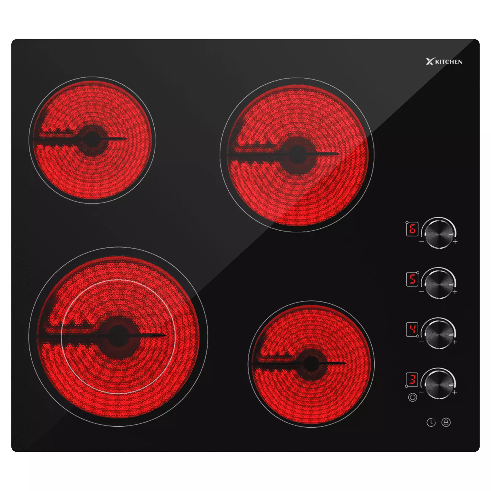 IsEasy Electric Cooktop 24 Inch. 4 Burners 220-240V 7500W with Knobs. 9 Heating Levels. Timer. Child Lock. Hard Wired. No Plug