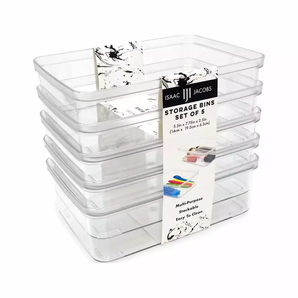 Isaac Jacobs 5-Pack Small Clear Plastic Storage Bins. Fridge/Freezer/Food Safe. BPA Free