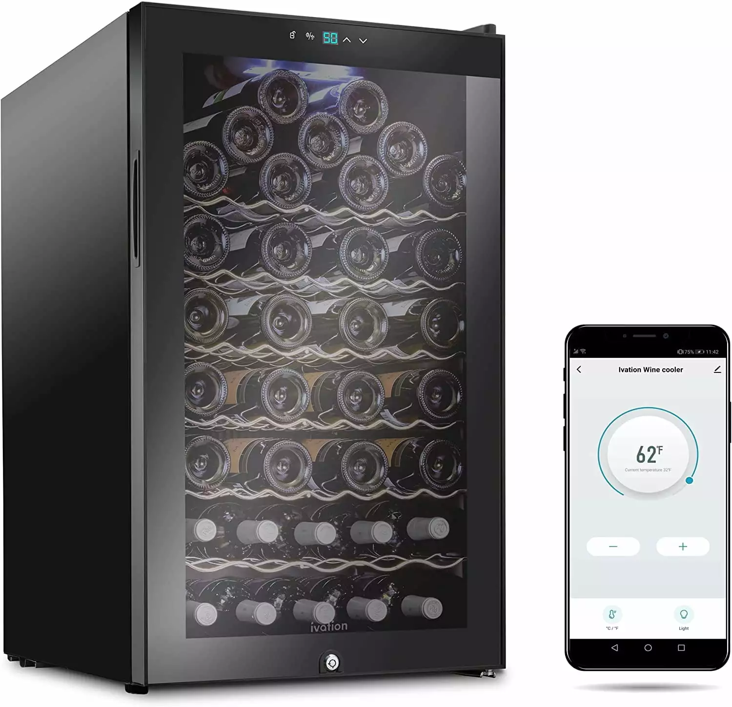 Ivation Wine Fridge. 51 Bottles Freestanding Wine Cooler W/ Wi-Fi App & Lock - Black