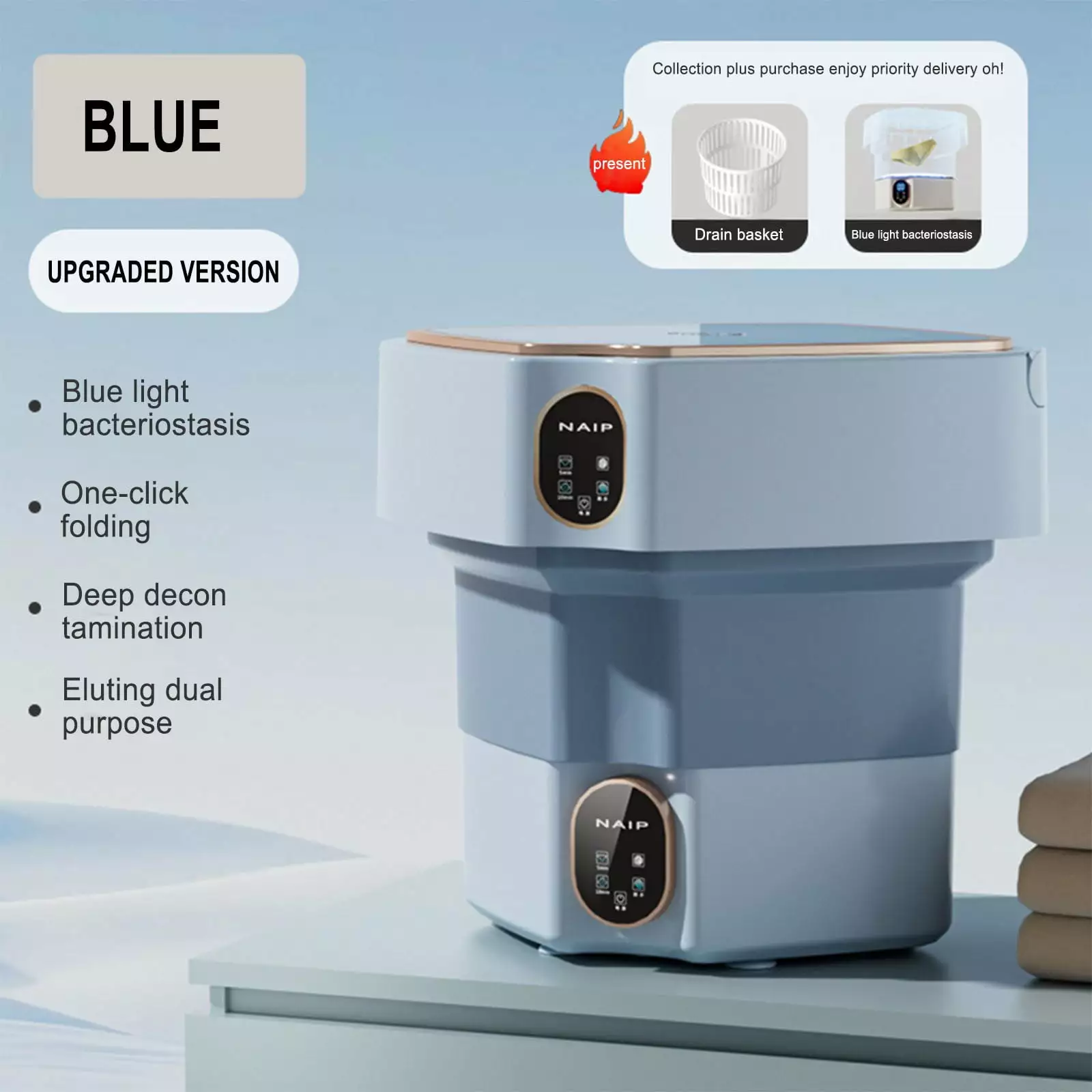 JGJJUGN Portable 17L Folding Washing Machine with Blue Light Antibiosis. Integrated Wash & Dry for Home Laundry