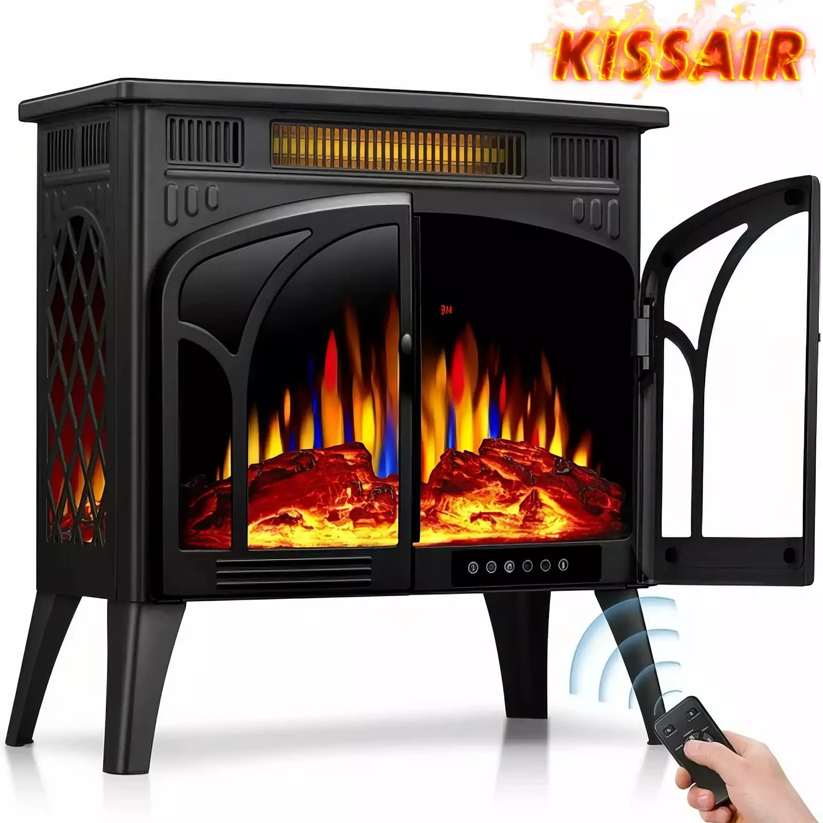 KISSAIR 25'' Electric Fireplace Heater. Overheat Protection Design. 3D Realistic Flame Effect. Independent Remote Control Fireplace. 500W/1500W. BLACK