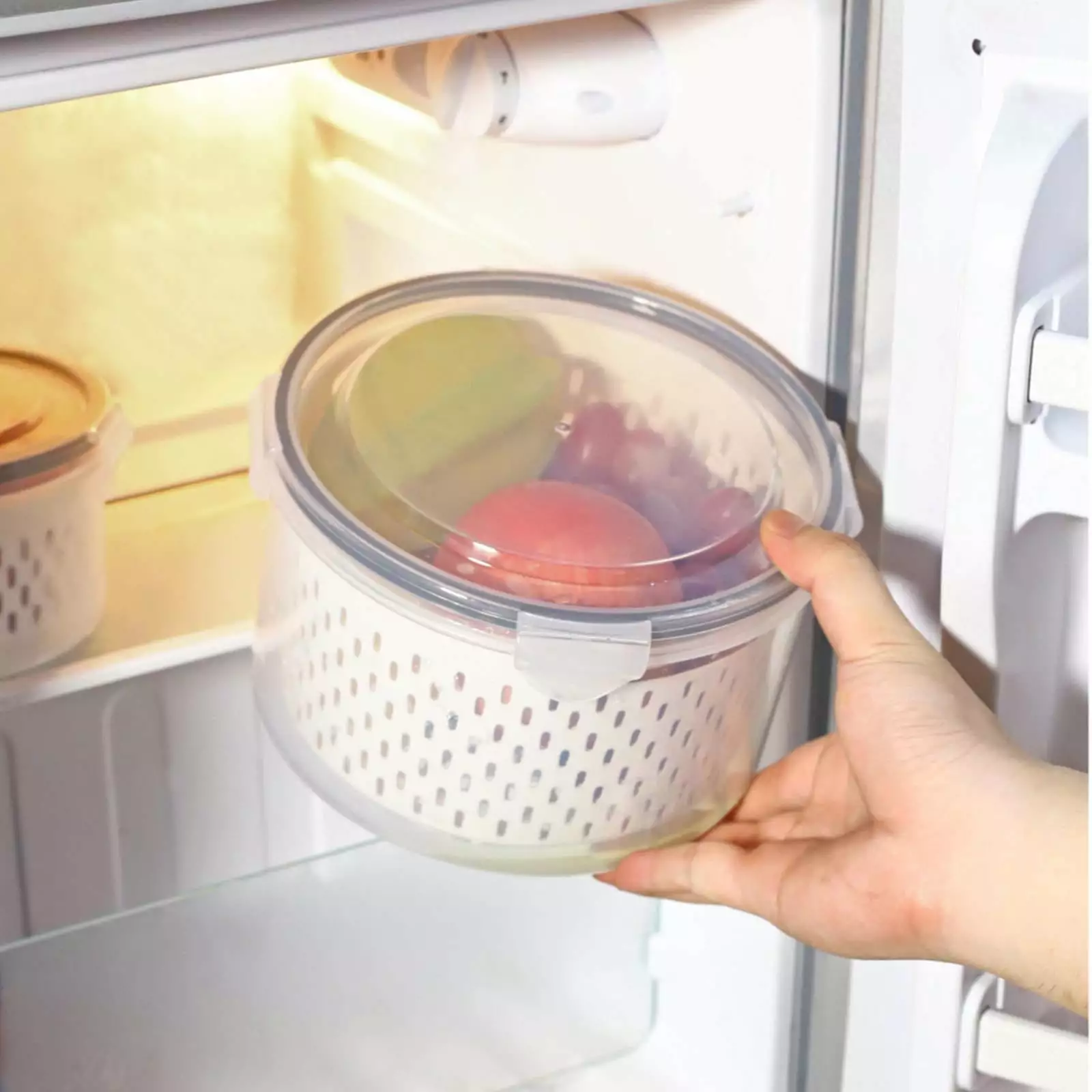 KQJQS Fruit Vegetable Storage Containers For Fridge Draining Fresh Containers 3 In 1 Produce Storage Containers Large Organizer Bins With Lid & Colander