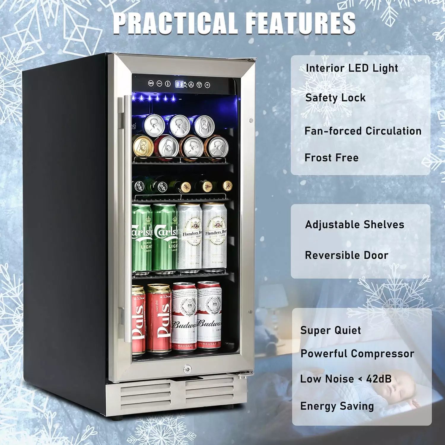 Kadyn Built-in and Freestanding 15 Mini Beverage Refrigerator/Wine Cabinet. 120 Cans. Quiet. Adjustable Shelves. LED Lighting. ETL . Touch Controls. Defrost. Double Glass Door. Kitchen/Bar /office