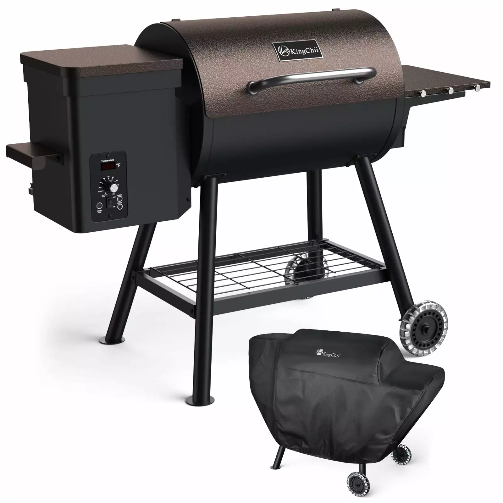 KingChii 456 SQ.IN Pellet Grill Smoker with Side Shelf. BBQ Grill with PID Temperature Control for Outdoor Cooking. BBQ Camping and Patio. Brown (Rain Cover Including)