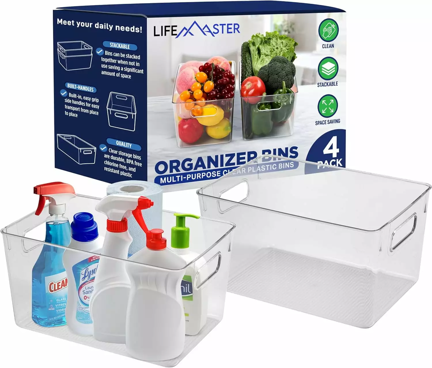 LifeMaster Pack of 4 Large Fridge Organizer PET Clear Bins - Maximize Storage Space. Easy-to-Clean. Portable & Stackable - Ideal for Fridge. Kitchen Cabinet. Pantry & Countertops