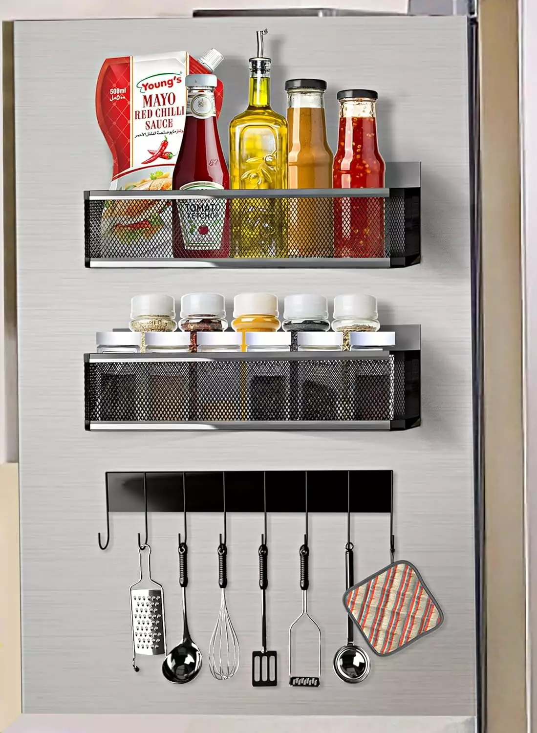 Magnetic Spice Storage Rack Organizer for Refrigerator and Oven. 3 Pack Metal Black Magnetic Fridge Shelf Spice Organizer for Kitchen. No Drilling Required