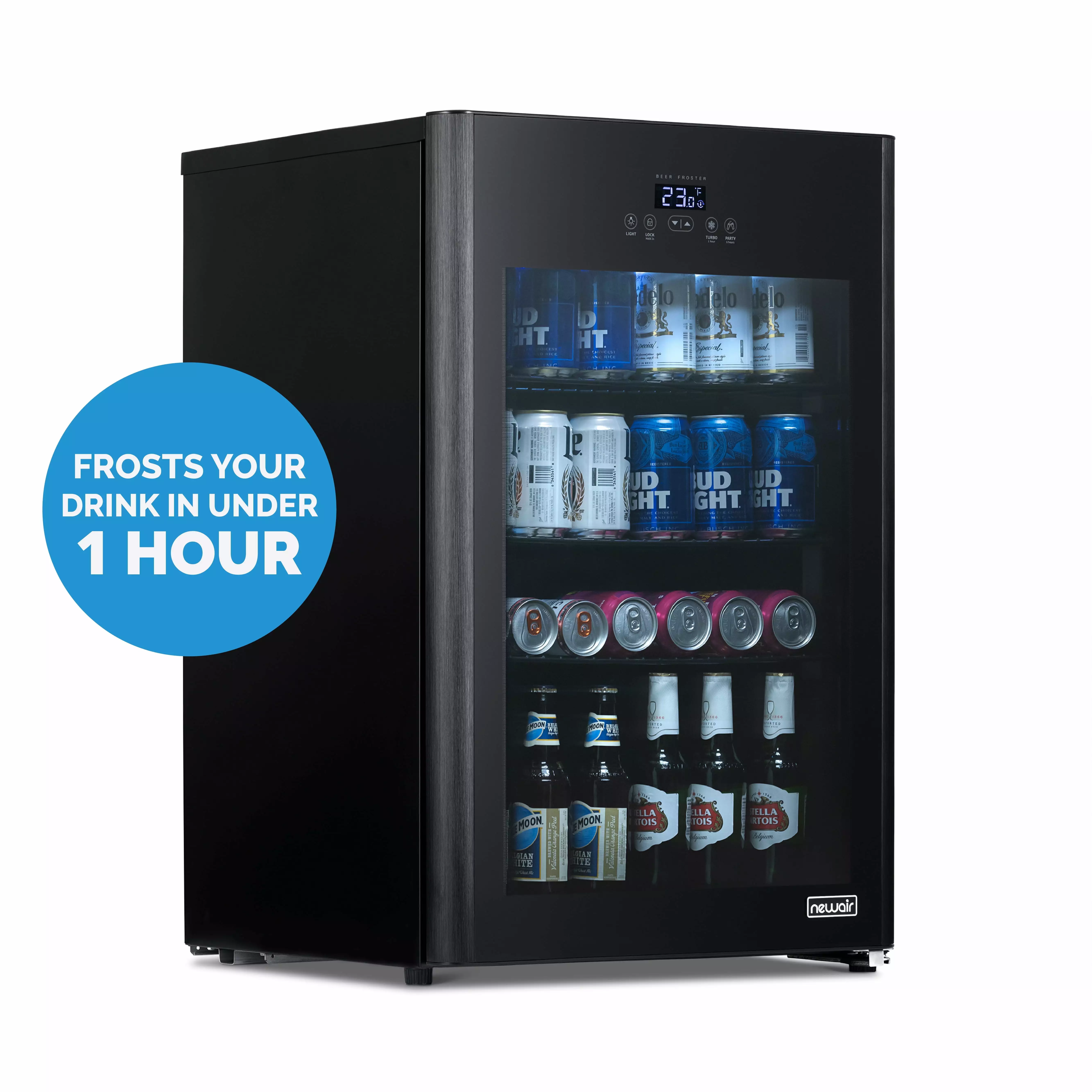 Newair 125 Can Beverage Refrigerator Beer Froster. Chills to 23 Degrees. Freestanding Mini Fridge in Black for Home. Office or Bar