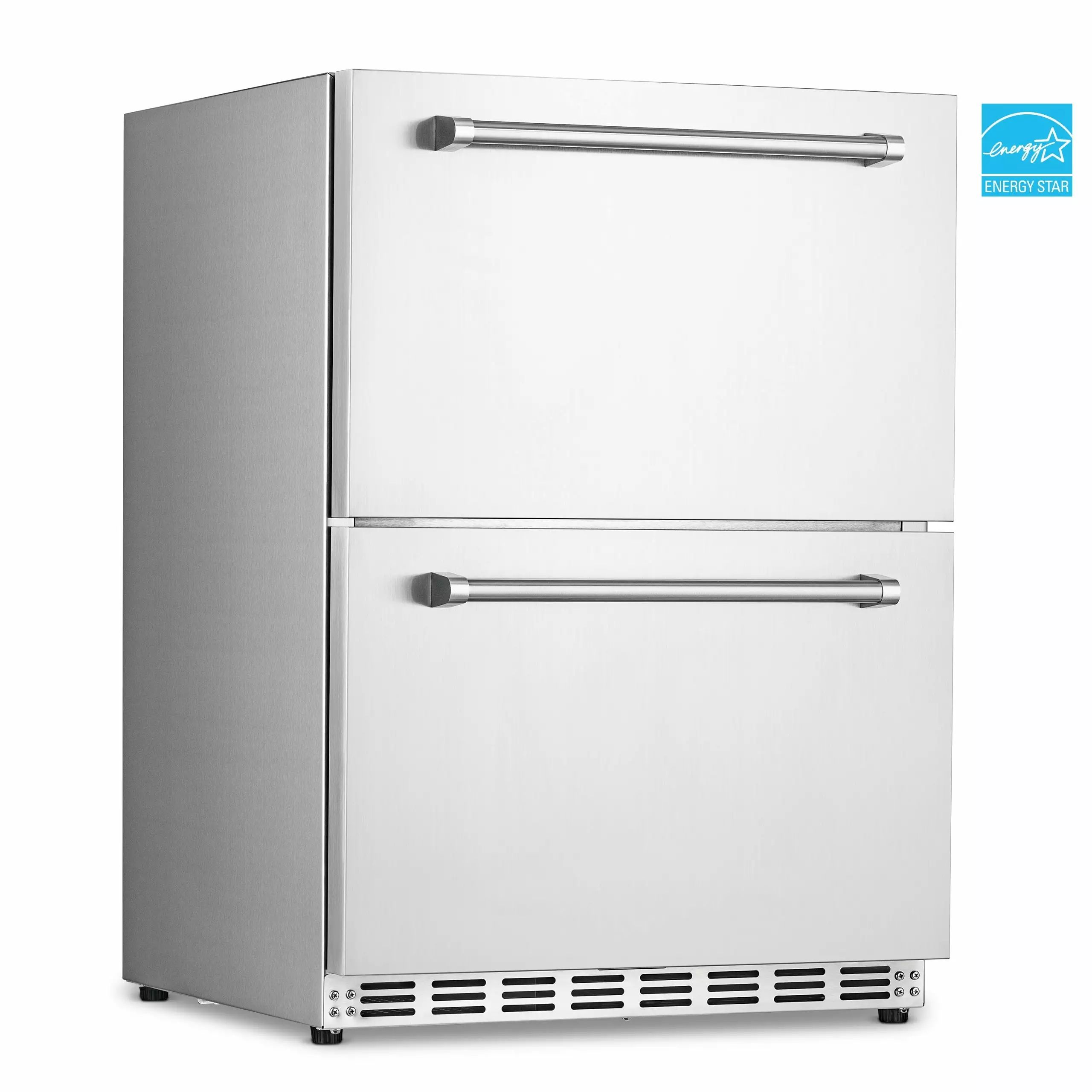 Newair 24 4.0 Cu. Ft. Dual Drawer Commercial Grade Wine and Beverage Fridge. Stainless Steel Built-in Design. Weatherproof and Outdoor Rated. ENERGY STAR. Fingerprint Resistant and Slow Closing Door