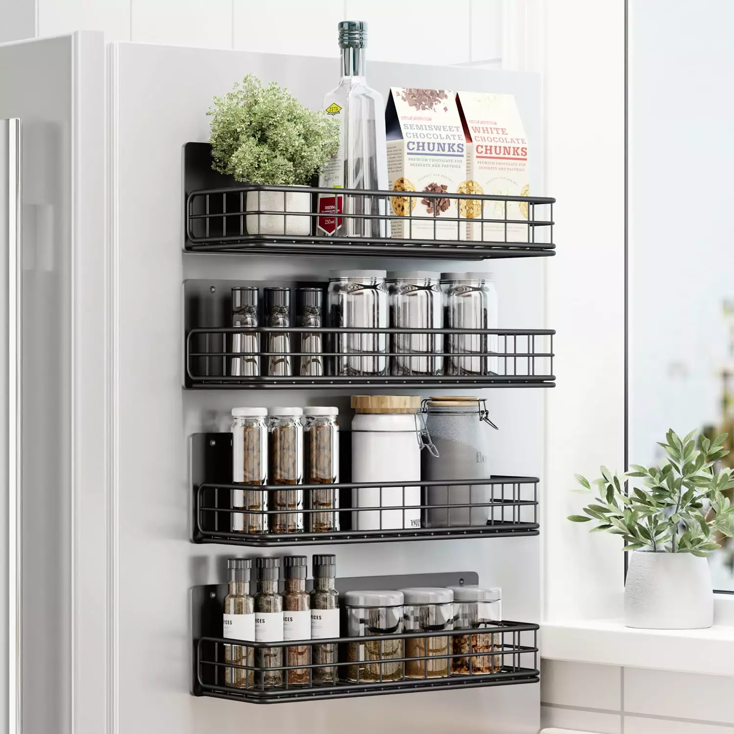 Niffgaff Magnetic Spice Rack. 4 Pack Refrigerator Storage Shelf. Refrigerator Magnetic Organizer. Strong Magnetic Rack. Magnetic Fridge Shelf for Storing Spices. Bottles and Beverages.