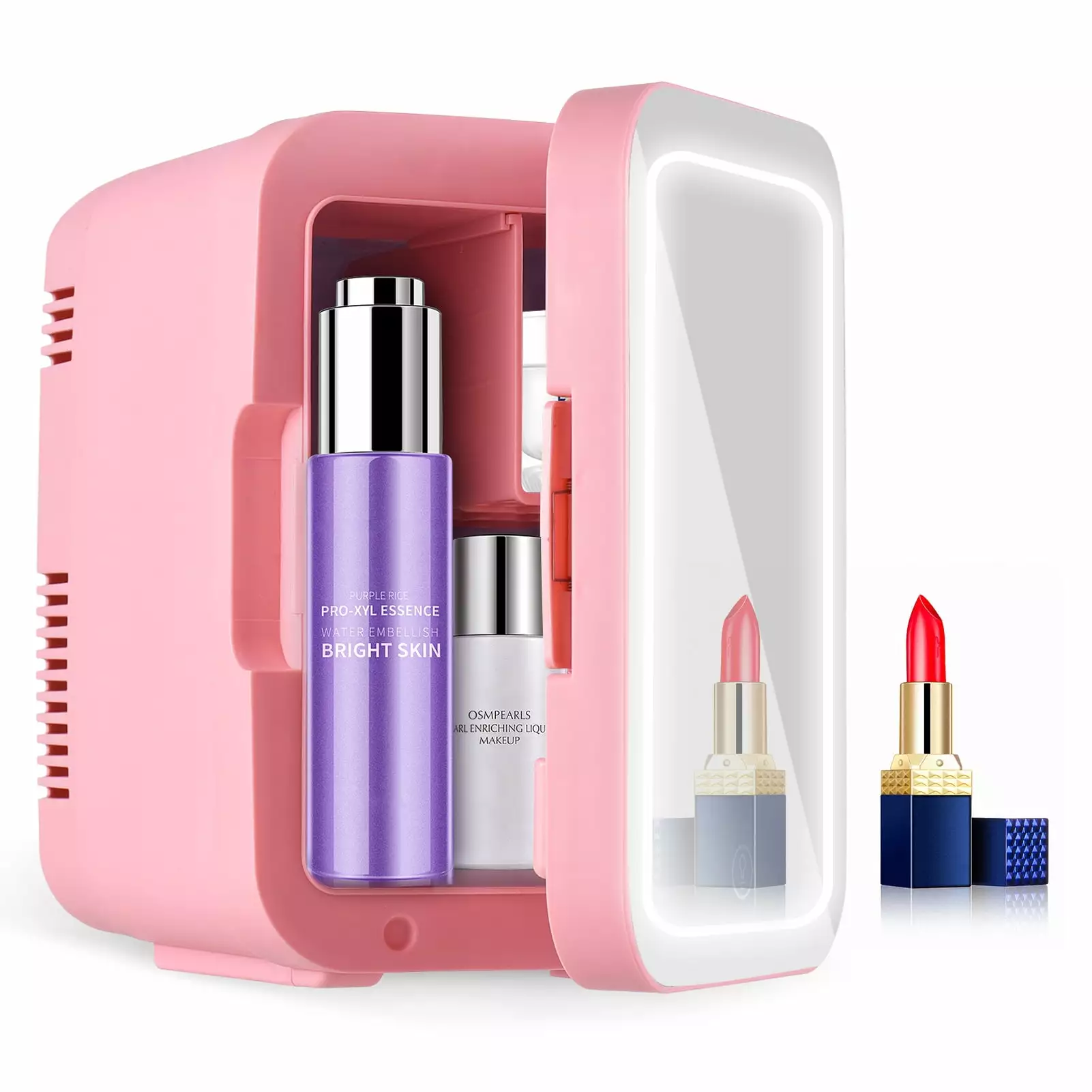 OWSOO Portable 4L Fridge with Dimmable LED Mirror Door for Skincare and Makeup Ideal for Beauty Office Dorm Desk