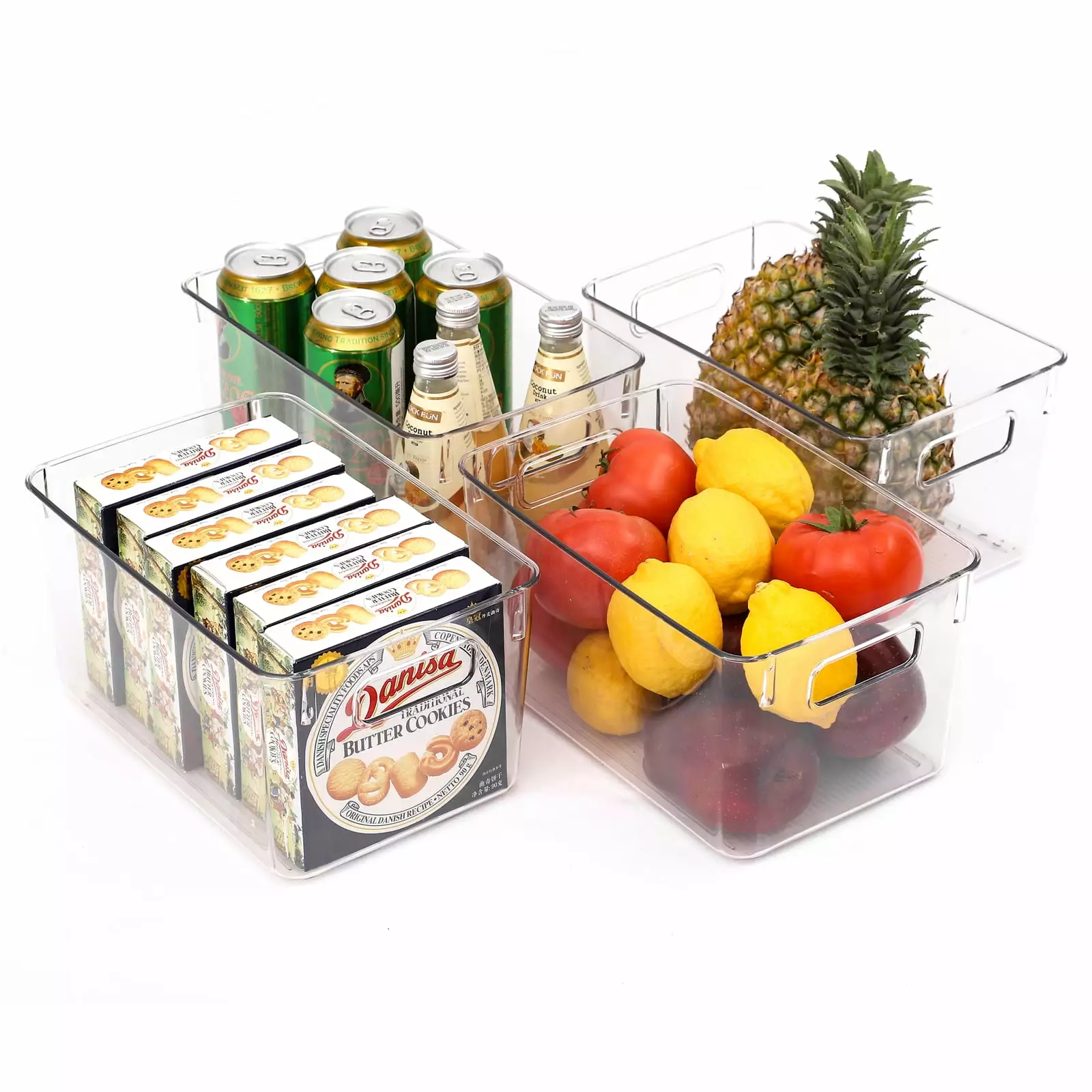 Pack of 4 Clear Storage Containers Stackable Refrigerator Organizer Bins with Handles Fresh Keeper for Fridge. Freezer. Cabinet. Pantry. Kitchen