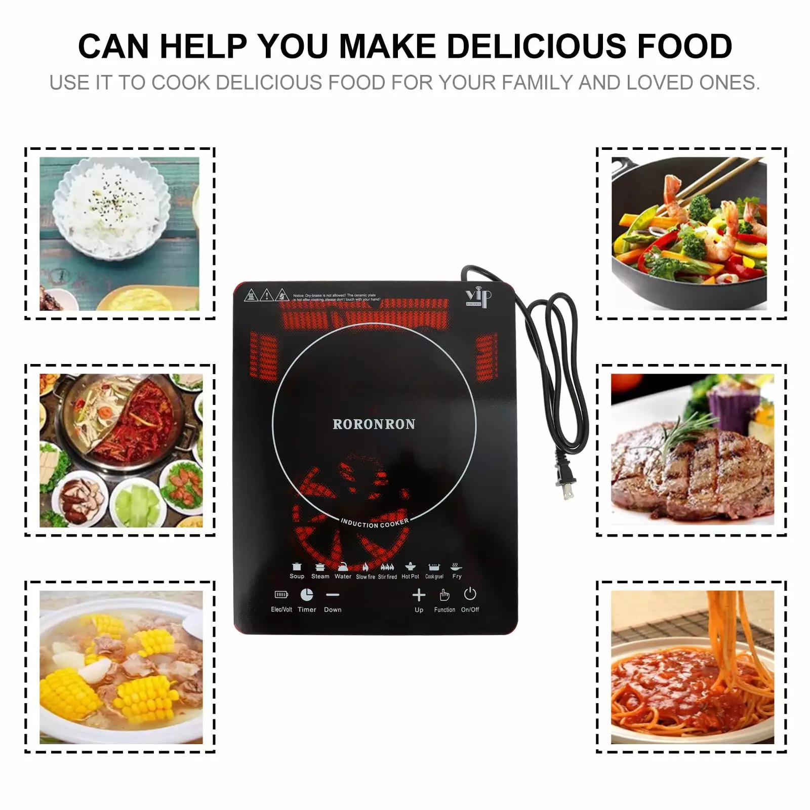 Portable Induction Burner. 1500W Electric Induction Countertop Burner with Touch Panel. 8 Cooking Preset Programs. Power & Temp Adjustable. LCD Display