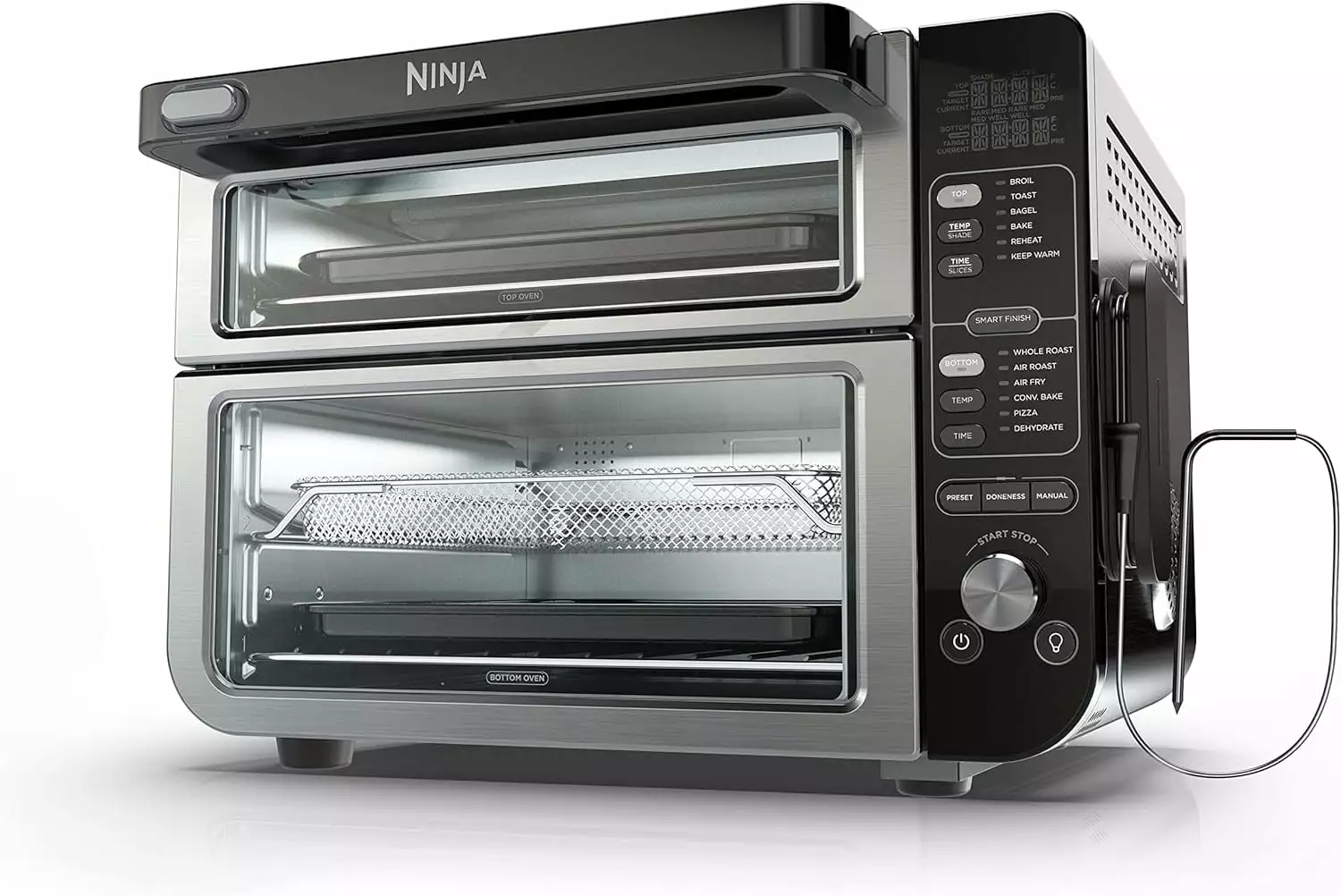 Pre-Owned Ninja DCT401 12-in-1 Double Oven with FlexDoor. FlavorSeal & Smart Finish. Rapid Top Convection. Air Fry Bottom . Bake. Roast. Toast.Stainless Steel (Good)