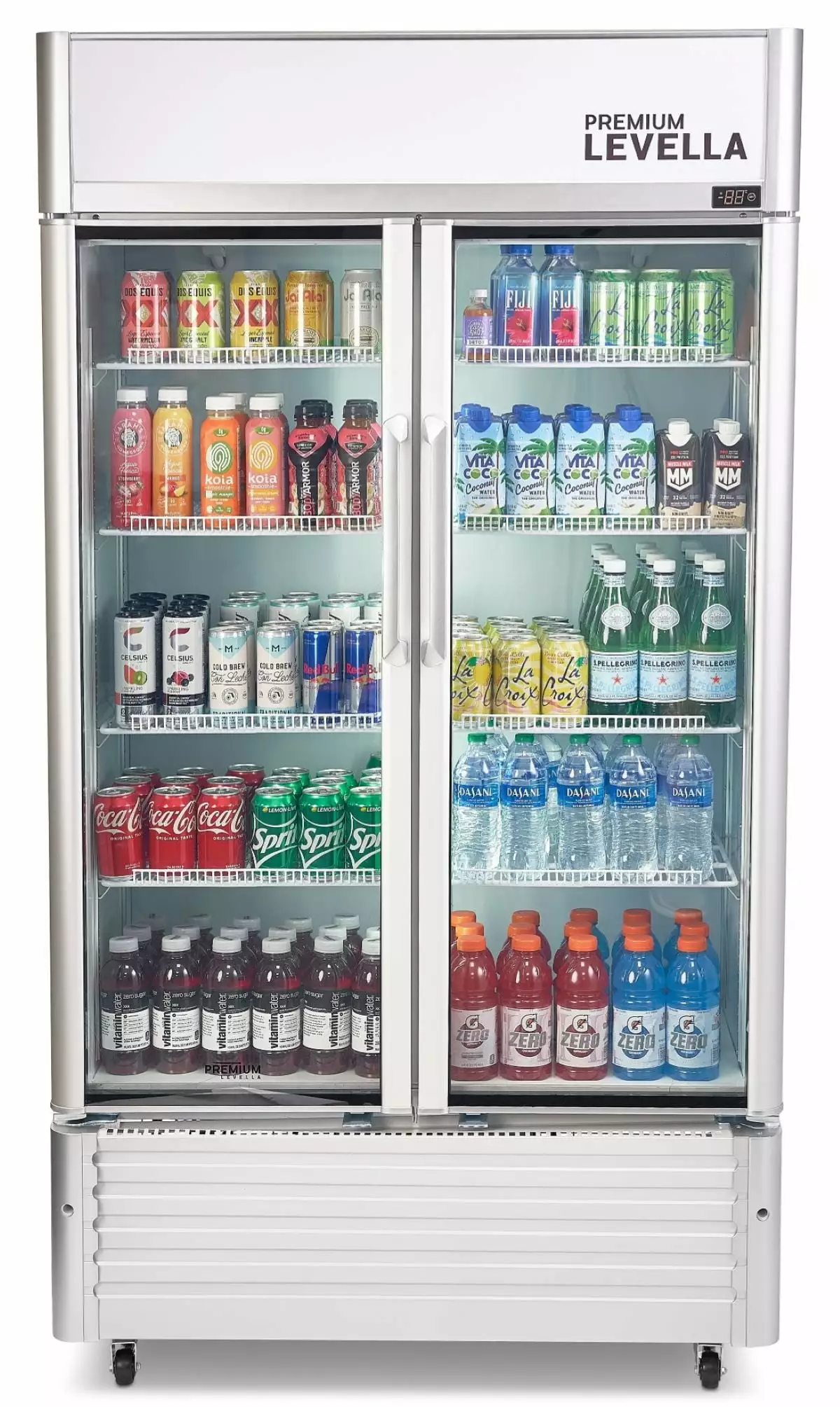 Premium Levella 16 Cubic Foot Commercial Display Refrigerator 2-Glass Door Beverage Merchandiser in Silver