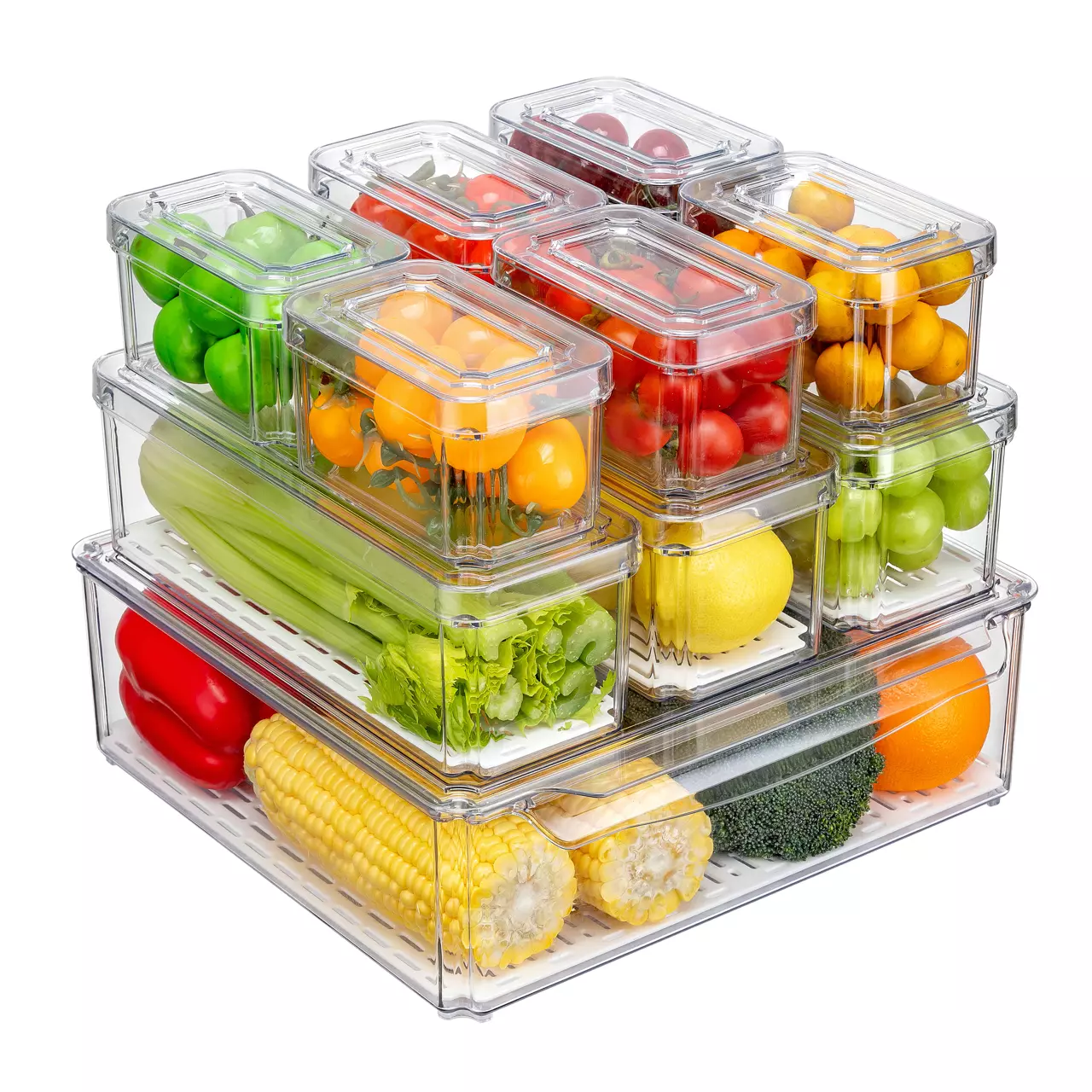 Pure Future 10 Pcs Fridge Organizers and Storage. Clear. Stackable with Lids for Fruit & Vegetables