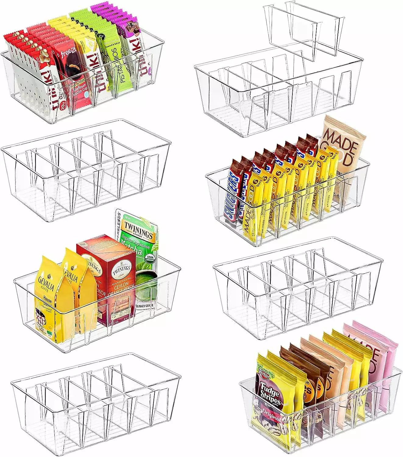 Puricon 8 Pack Pantry Organization and Storage Bins for Kitchen Fridge Countertop Cabinet. Stackable Clear Plastic Storage Containers with Removable Dividers. 5 Compartments for Food Snacks Spices