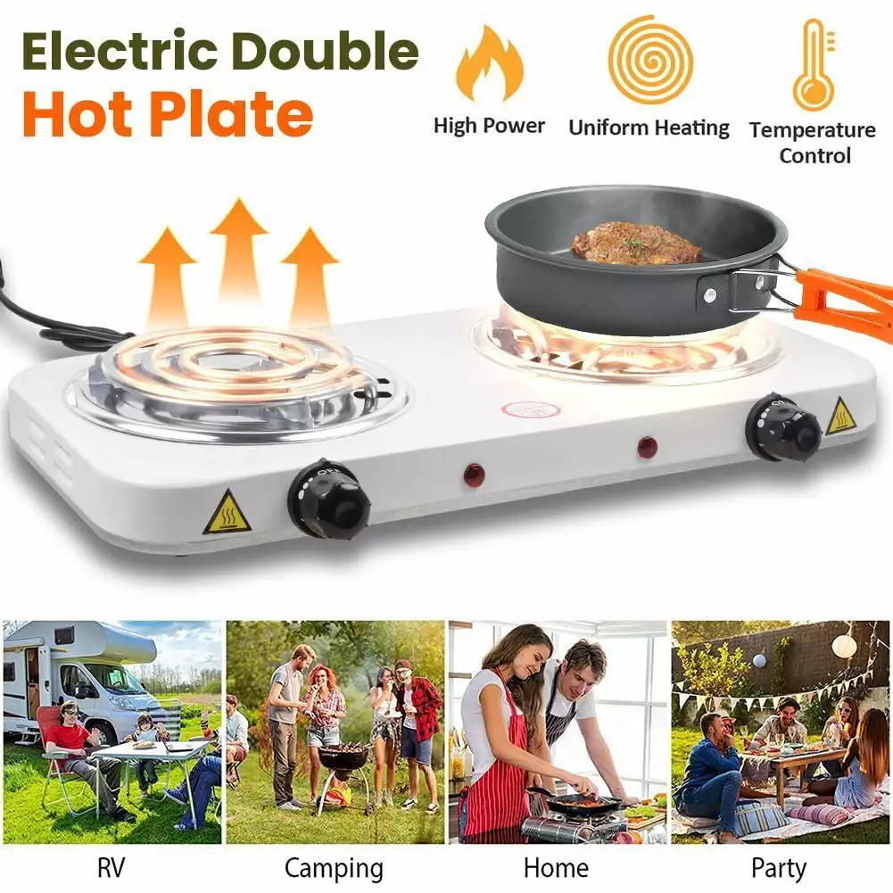 Queen.Y 2000W Electric Double Burner 110V Hot Plate Heating Cooktop Camping Dorm Stove Cooker with with 5 Adjustable Temperatures