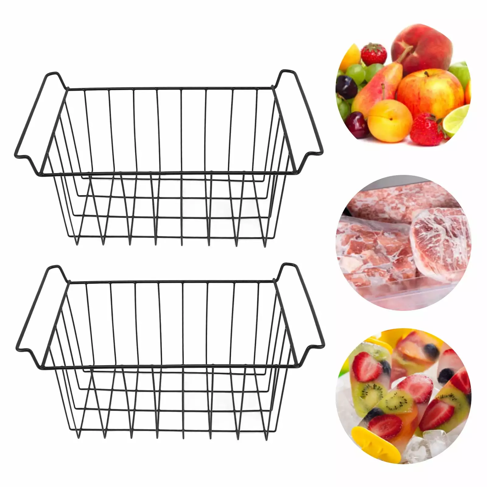 Qulable 2 Pcs Freezer Wire Storage Basket PE Coated Hanging Rack Organizer Bin Black for Refrigerator Shelves L 42.5cm X W 24.5cm X H 20cm