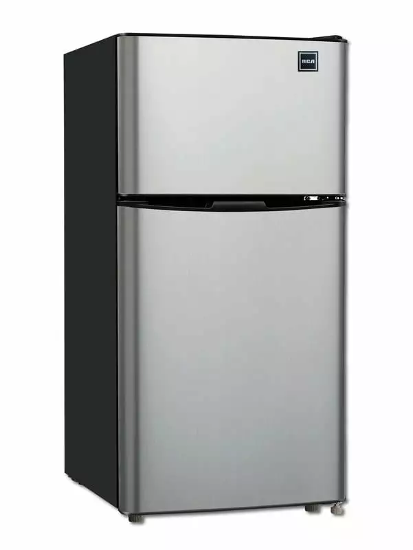 RCA 4.7 Cu ft Two Door Mini Fridge with Freezer RFR459. VCM Stainless Steel