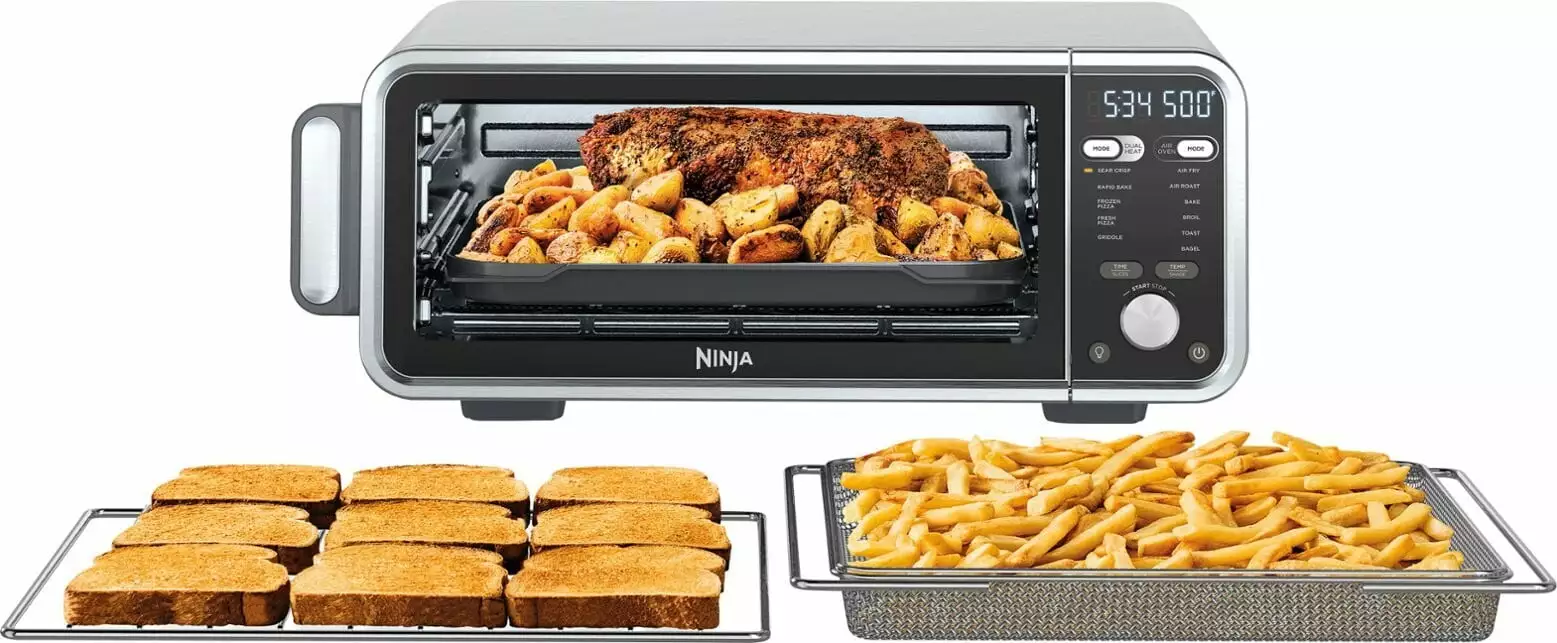 Restored Ninja FT301 Dual Heat Air Fry Countertop 11-in-1 Convection Toaster Oven with Extended Height. XL Capacity. Flip Up & Away Capability for Storage Space (Silver)