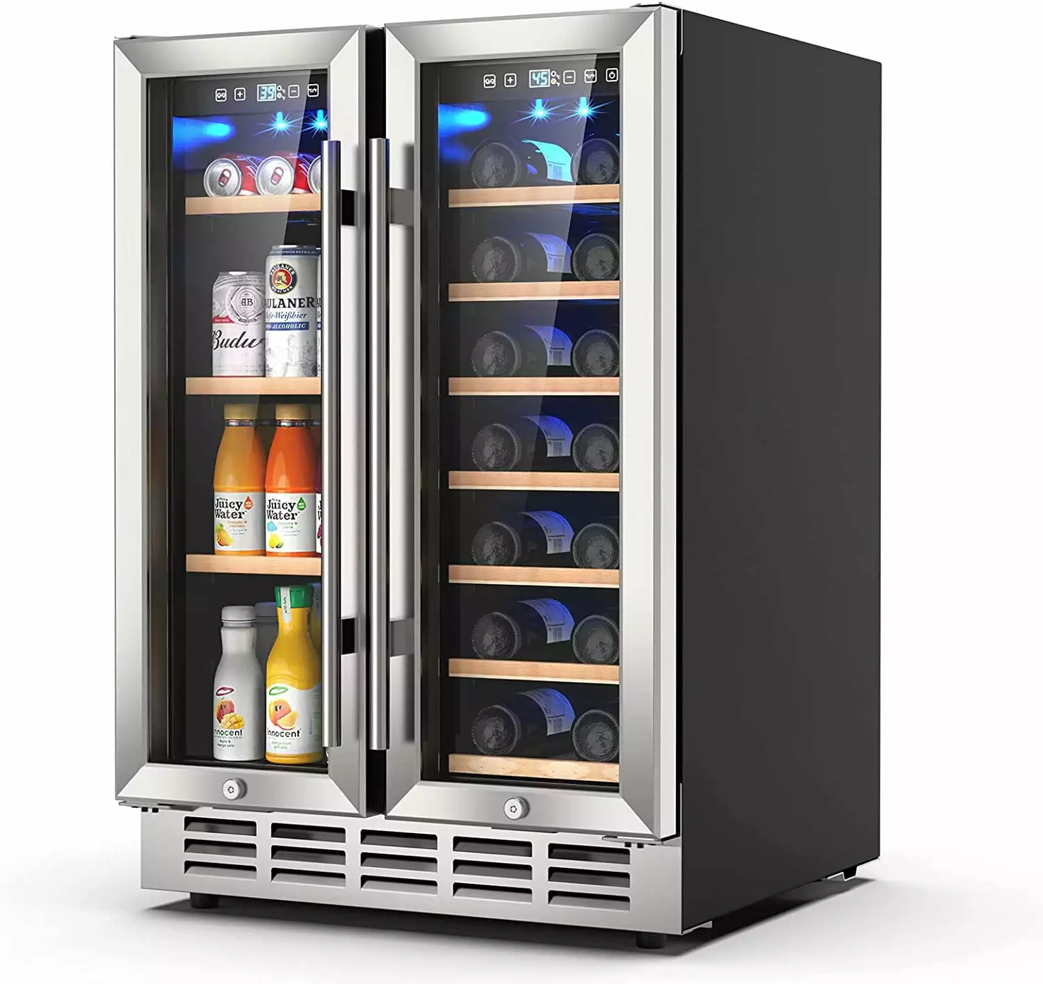 Rocita Dual Zone Wine Cooler Beverage Refrigerator. 24 inch Wine Coolers Fridge Side by Side Refrigerator Glass Fridge with Safety Locks for 20 Bottles and 57 Cans